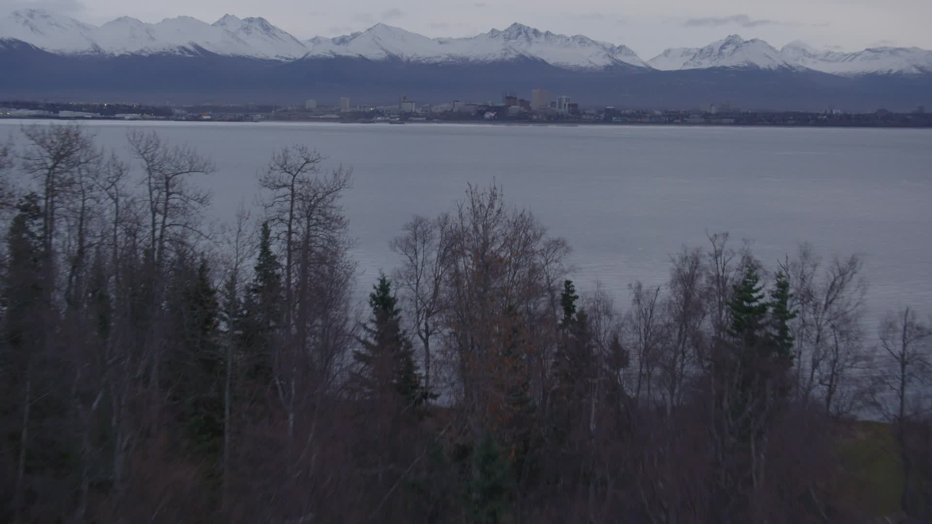 4K stock footage aerial video over wooded shoreline, reveal Downtown