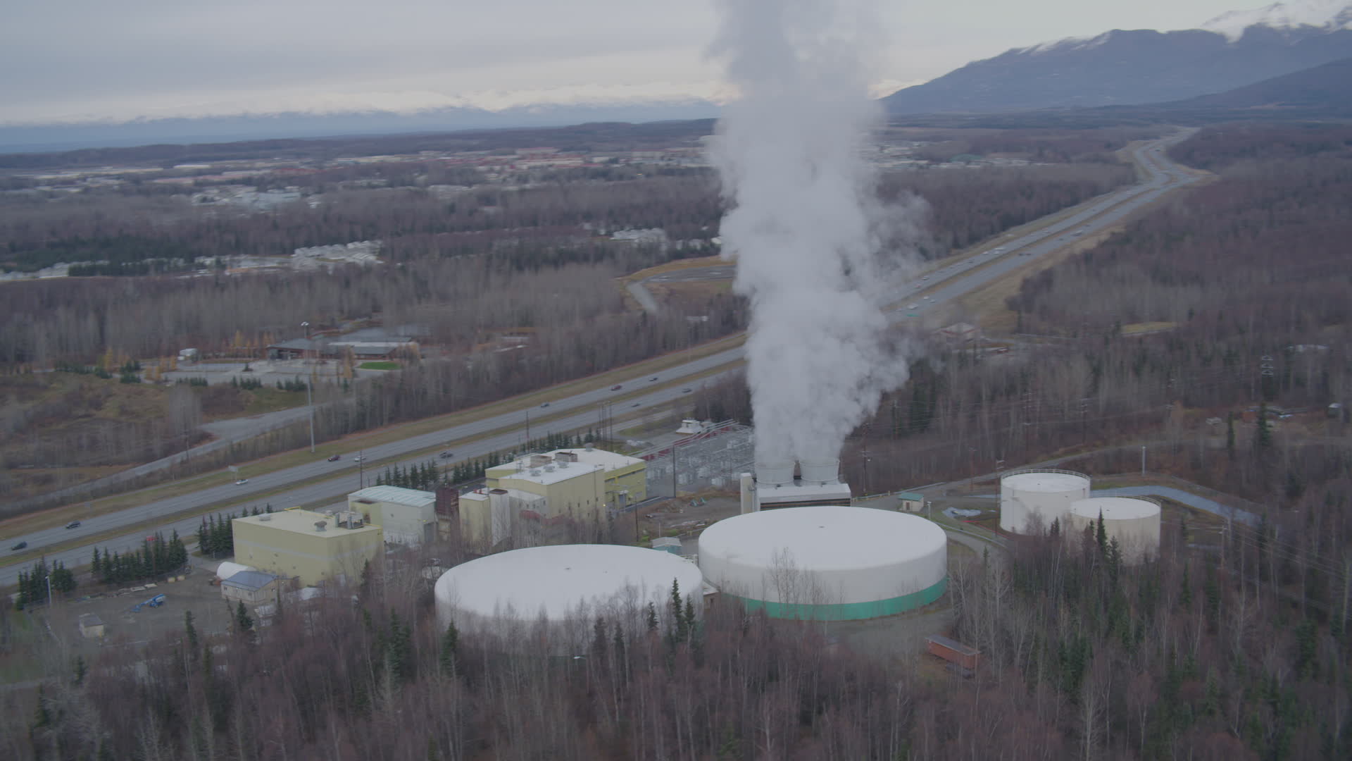 4K stock footage aerial video a power plant, Anchorage, Alaska Aerial