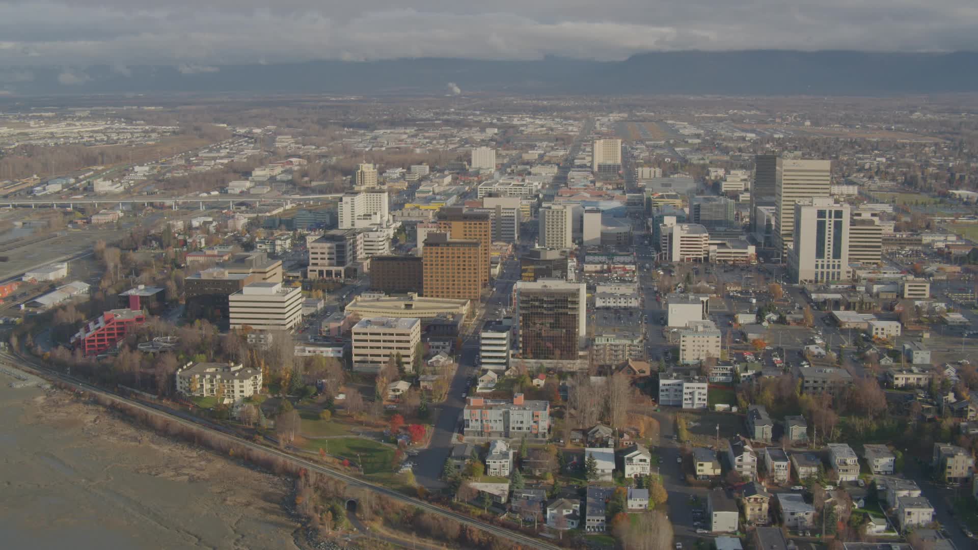 4K stock footage aerial video flying by Downtown buildings, Downtown