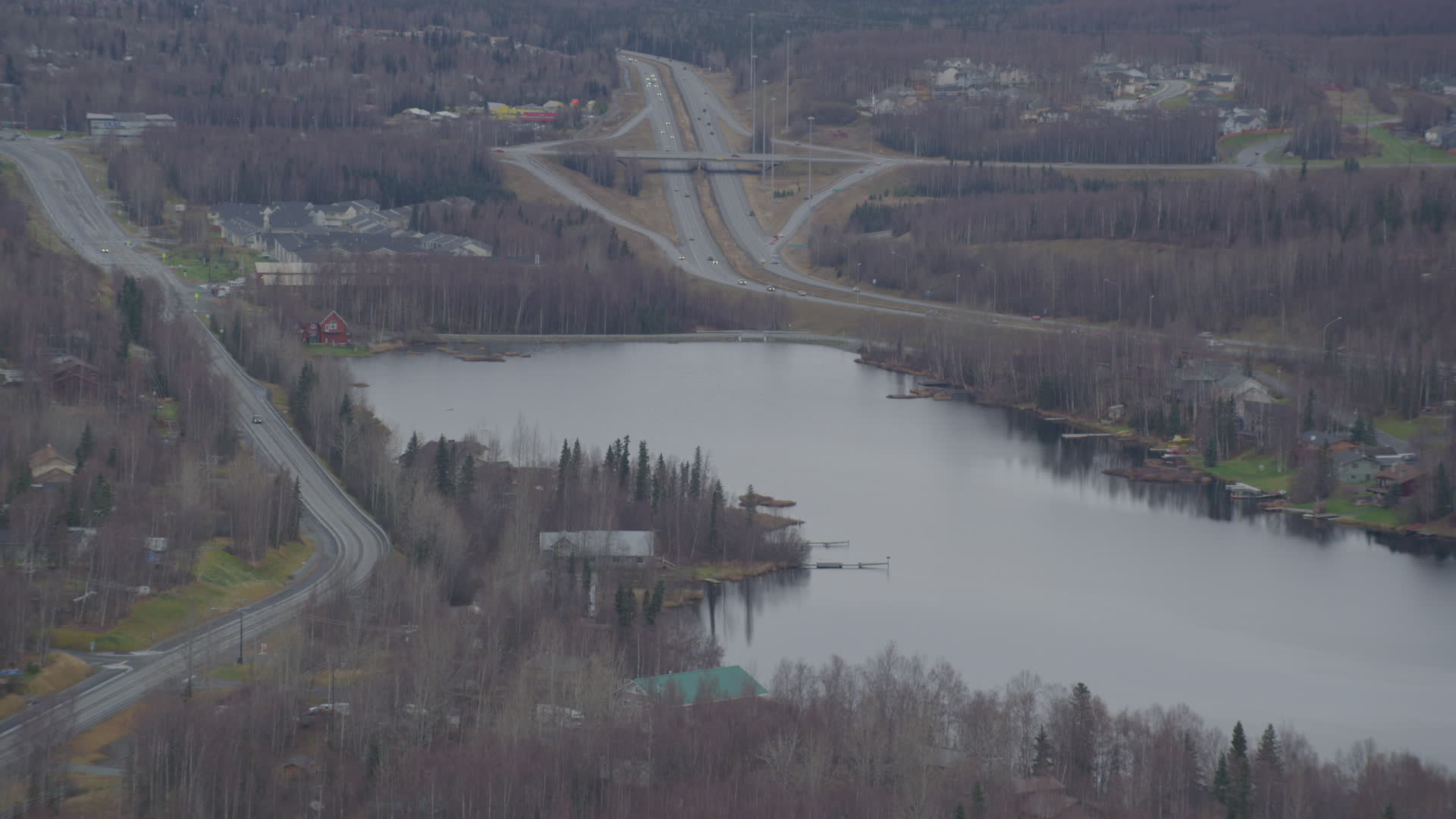 4K stock footage aerial video approaching Lower Fire Lake, homes, Old