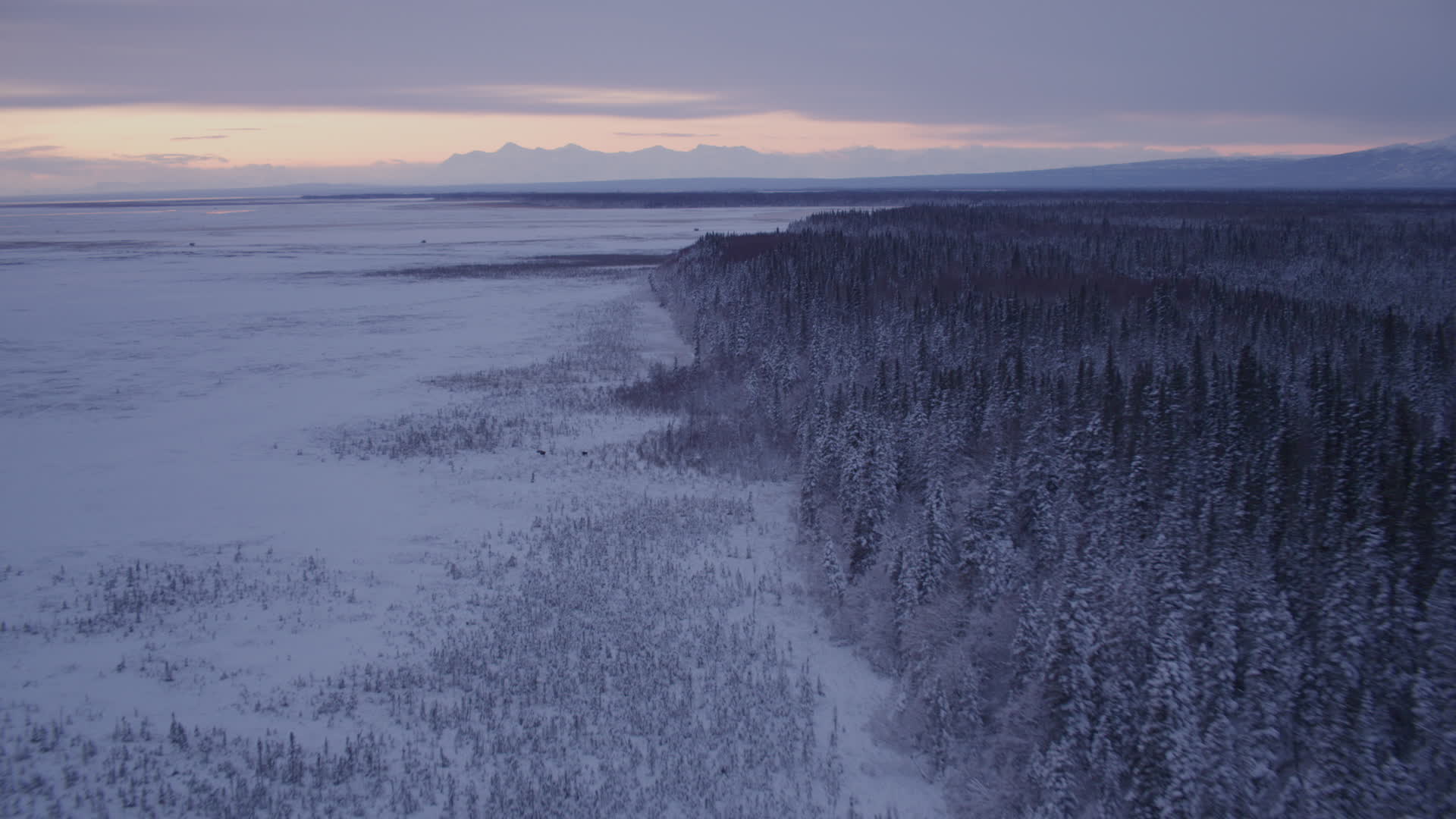 4K stock footage aerial video flying over frozen, snowy ground, two