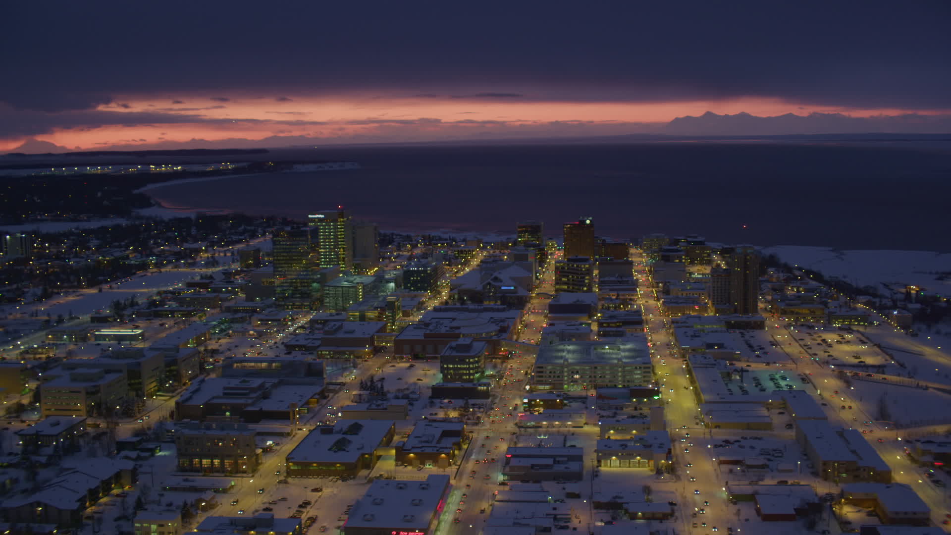 4K stock footage aerial video a view of snow covered Downtown Anchorage