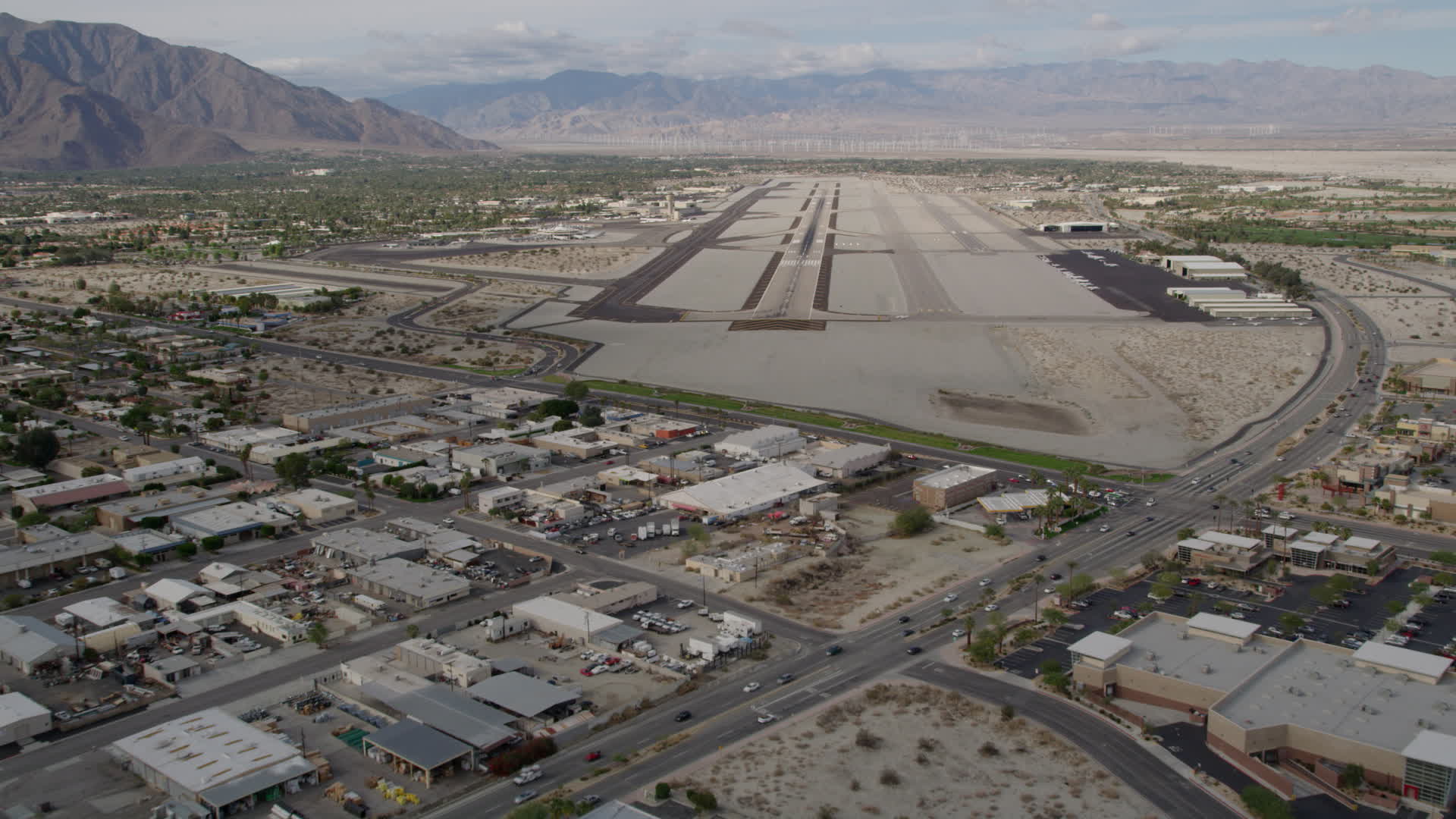 5K stock footage aerial video of approaching the runway at Palm Springs