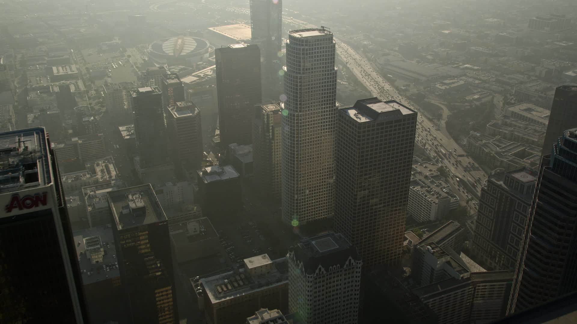 5K stock footage aerial video of approaching Ritz Carlton and Staples Center, Downtown Los