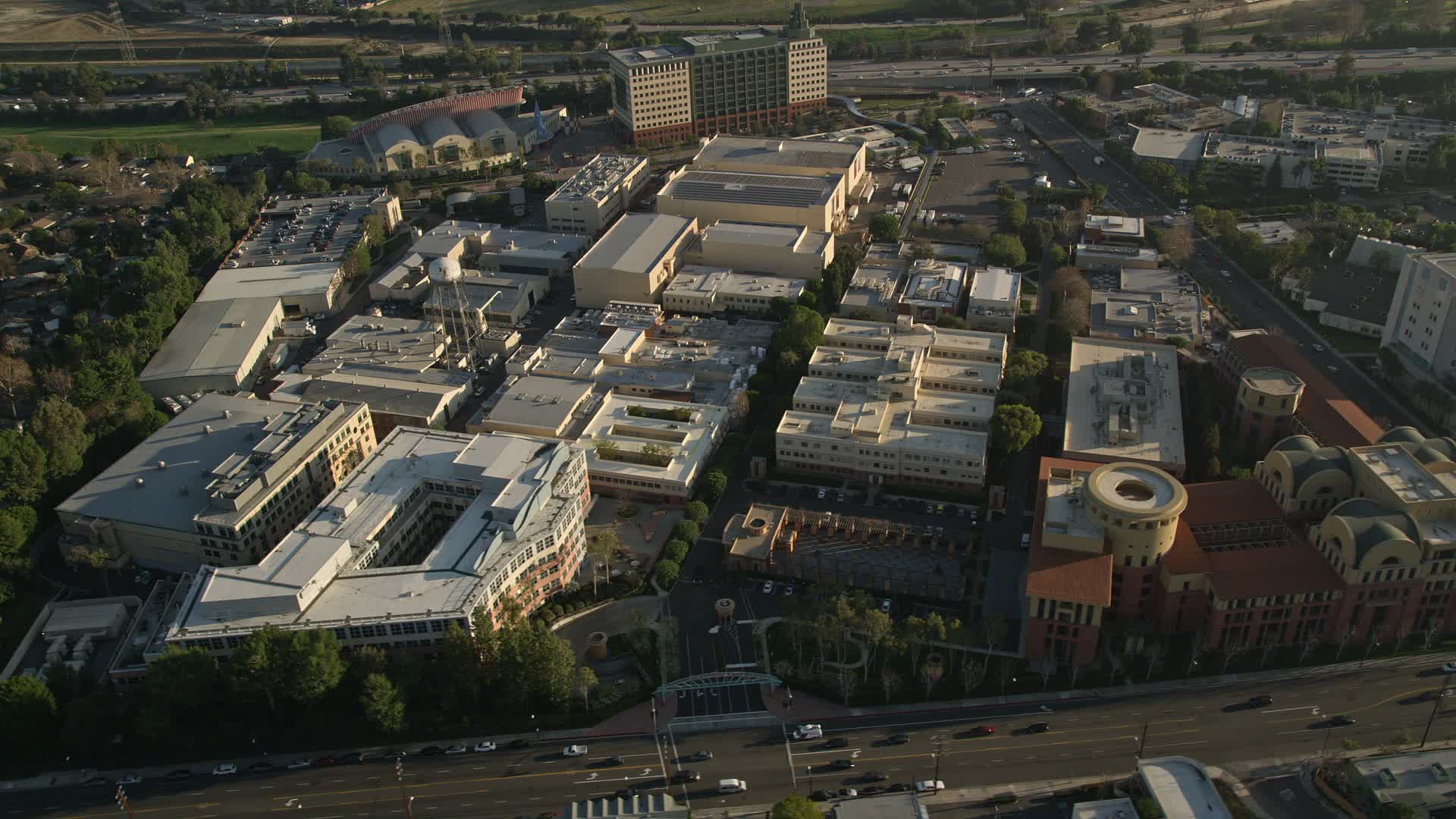 5K stock footage aerial video of orbiting Walt Disney Company studios