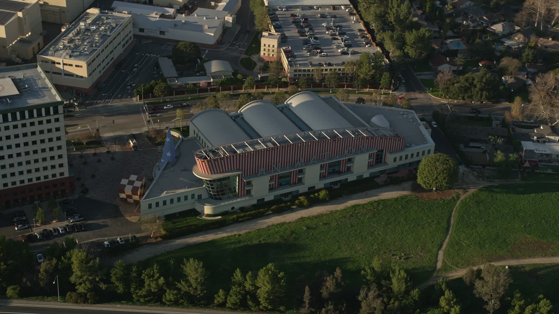 5K stock footage aerial video of Walt Disney Company studios tilt down