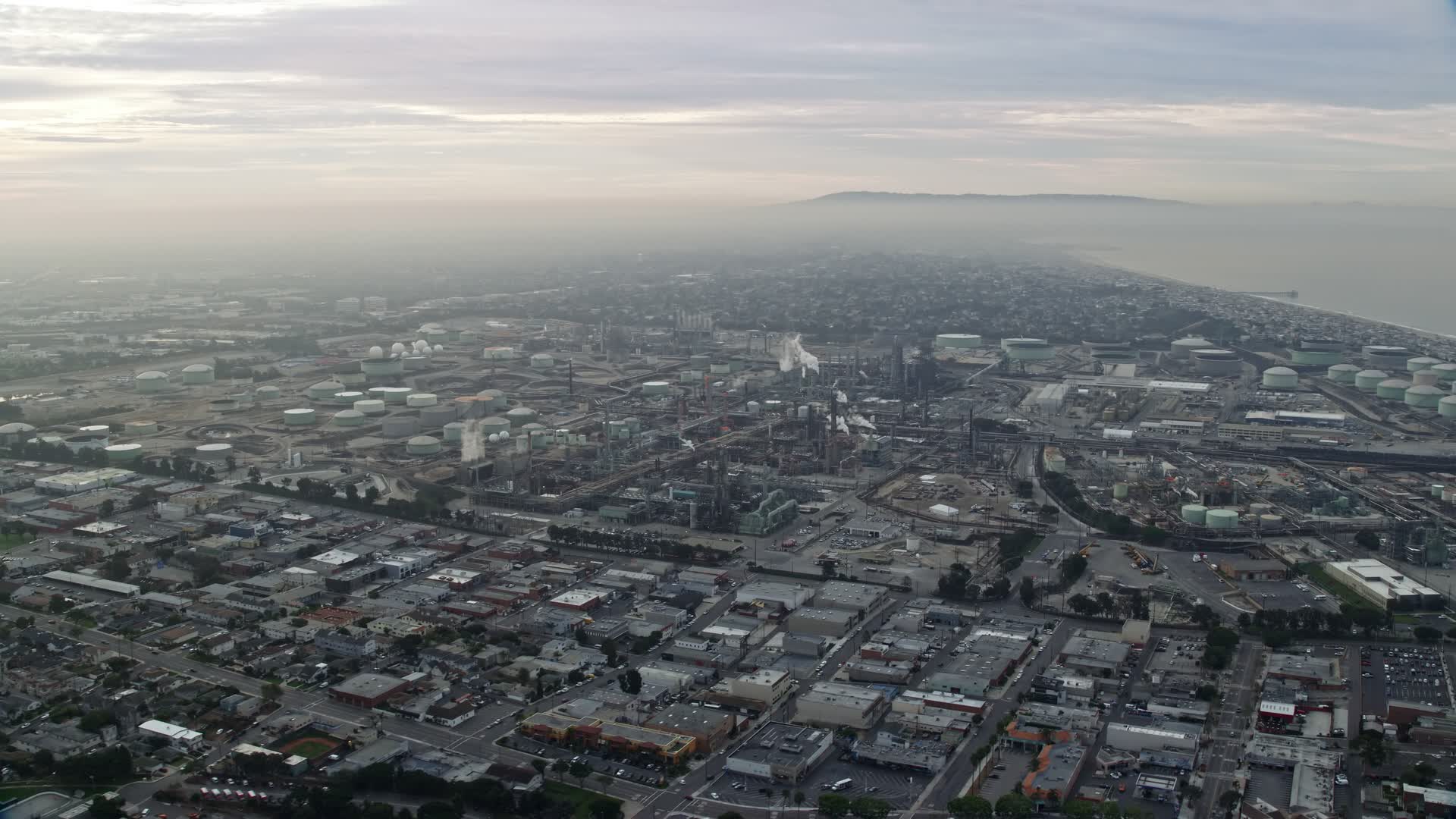 7.6K stock footage aerial video of an oil refinery in El Segundo