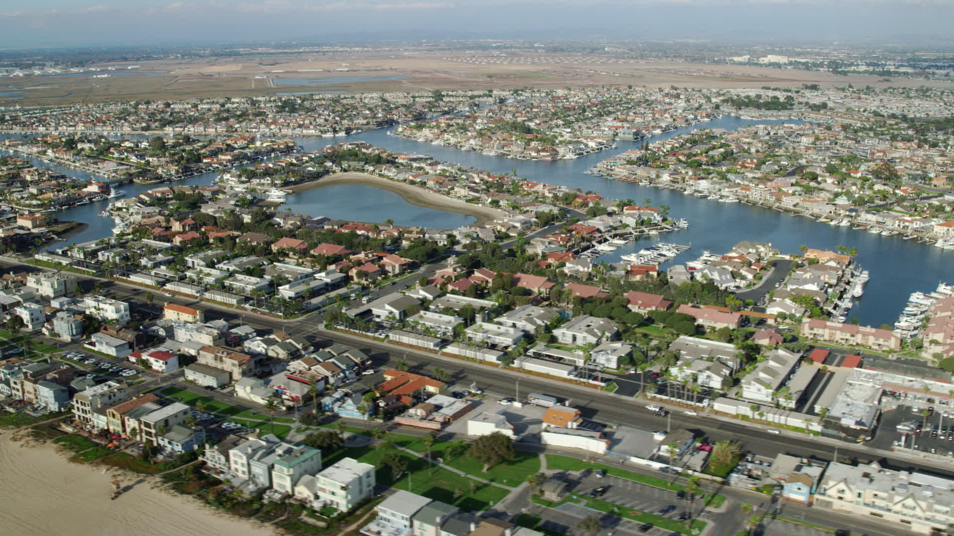 7.6K stock footage aerial video of homes in Huntington Harbour