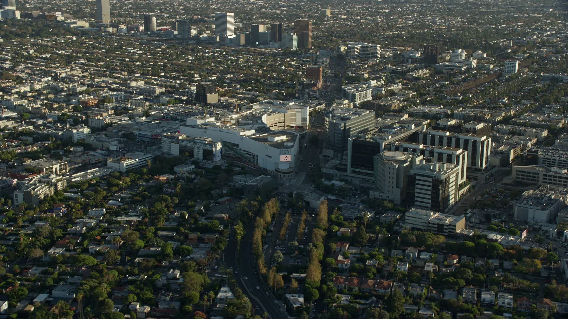 7.6K stock footage aerial video of the Beverly Center mall and Cedars