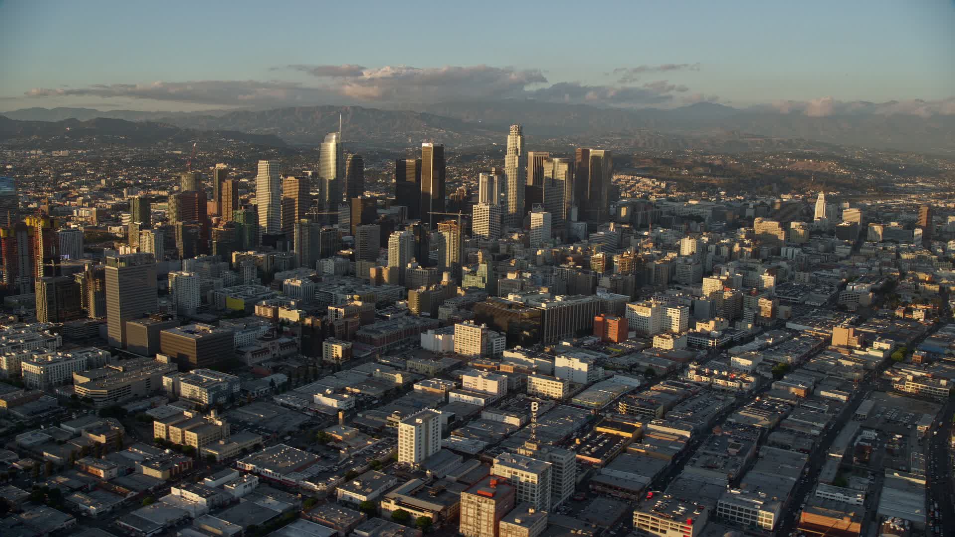 7.6K stock footage aerial video of a view of towering skyscrapers and