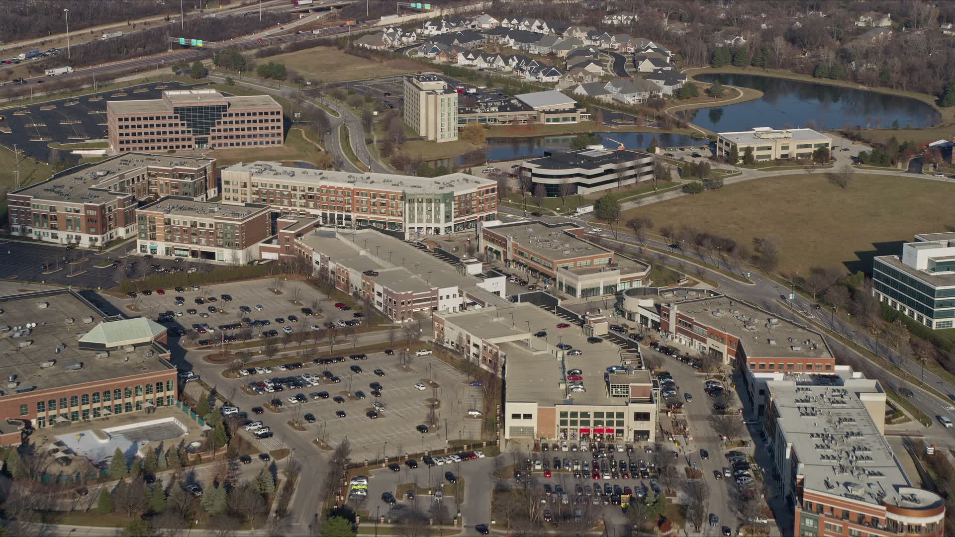 4K stock footage aerial video of flying over Burr Ridge Village Center shopping mall, Burr Ridge