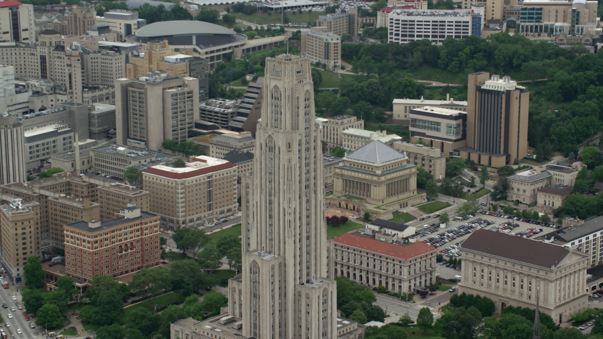 4.8K stock footage aerial video orbiting the Cathedral of Learning