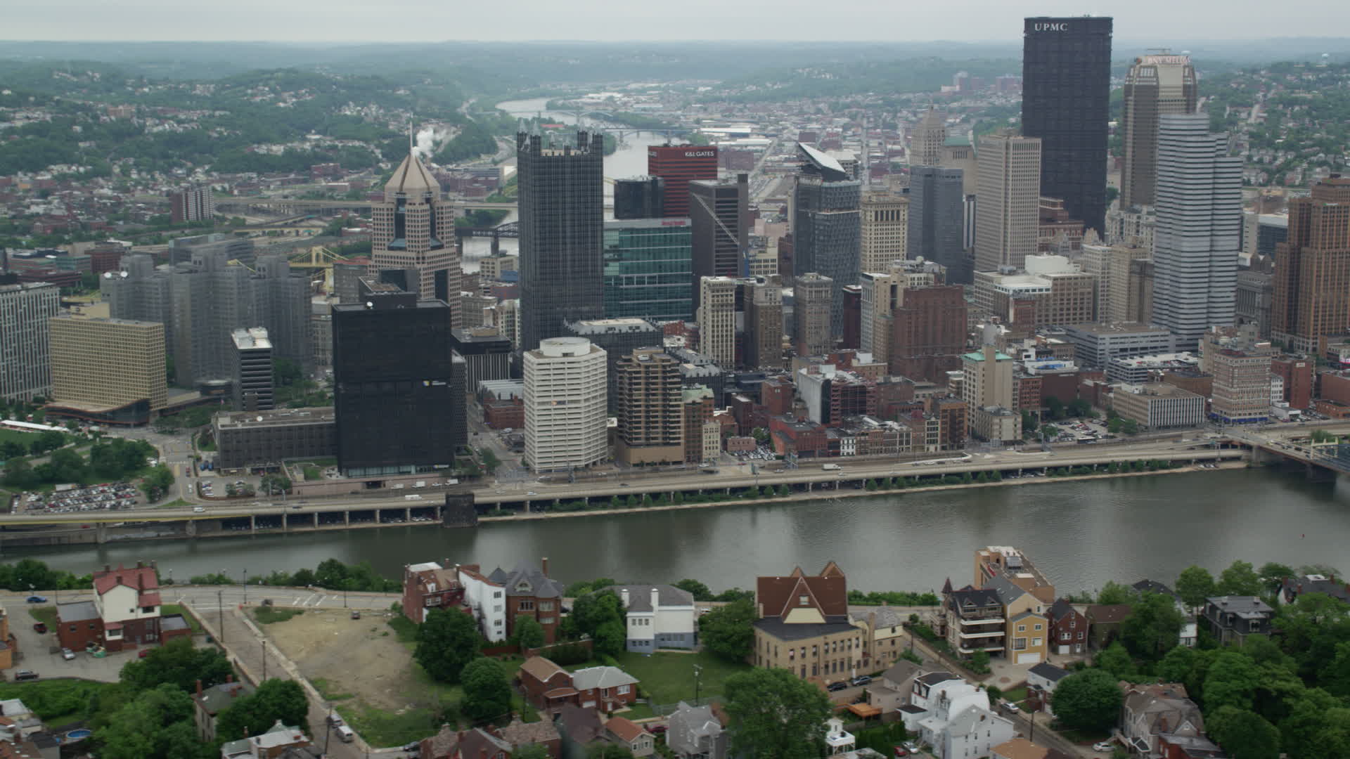 4.8K stock footage aerial video of riverfront skyscrapers, Downtown