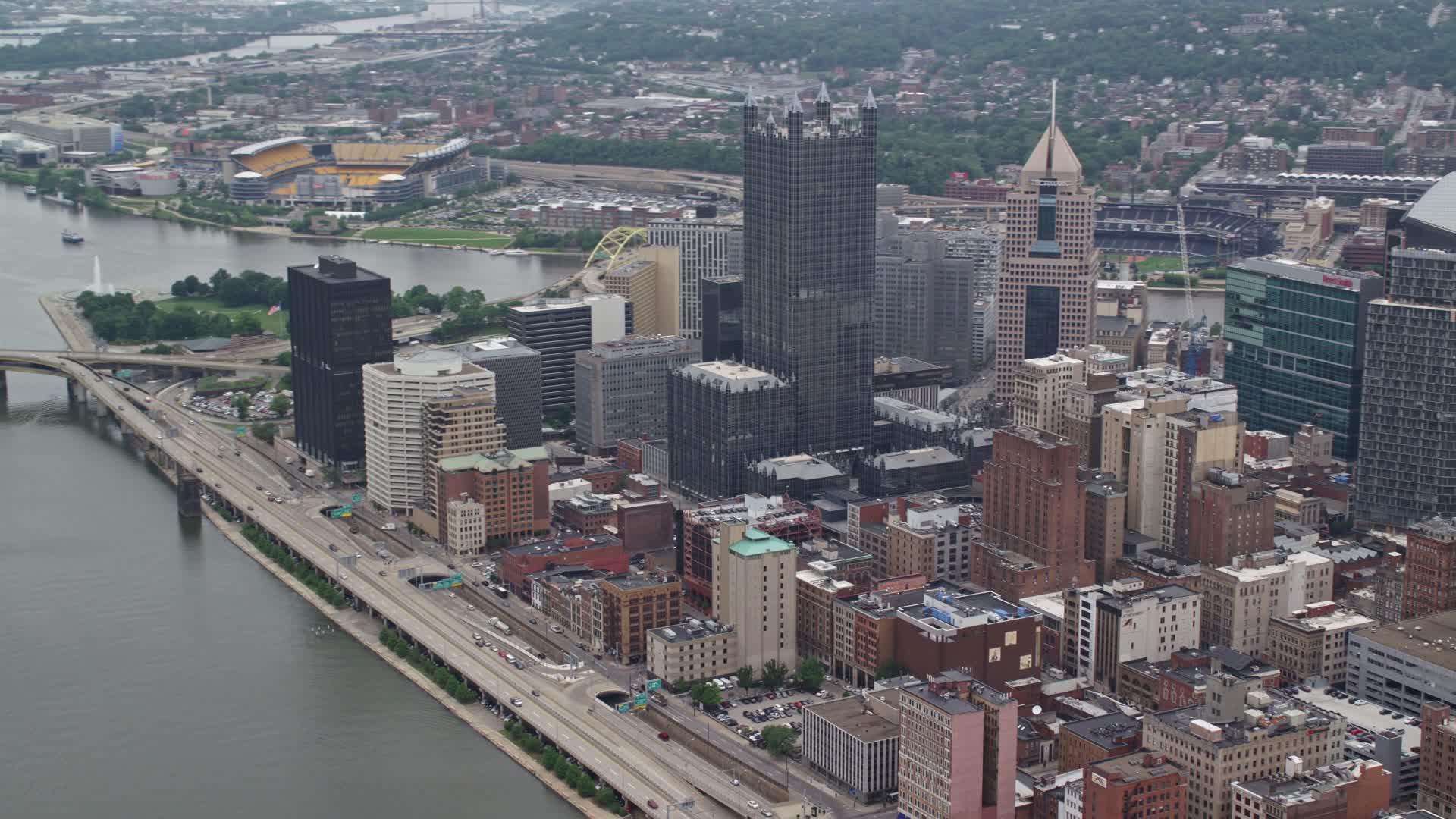 4.8K stock footage aerial video of PPG Place Skyscrapers, Downtown