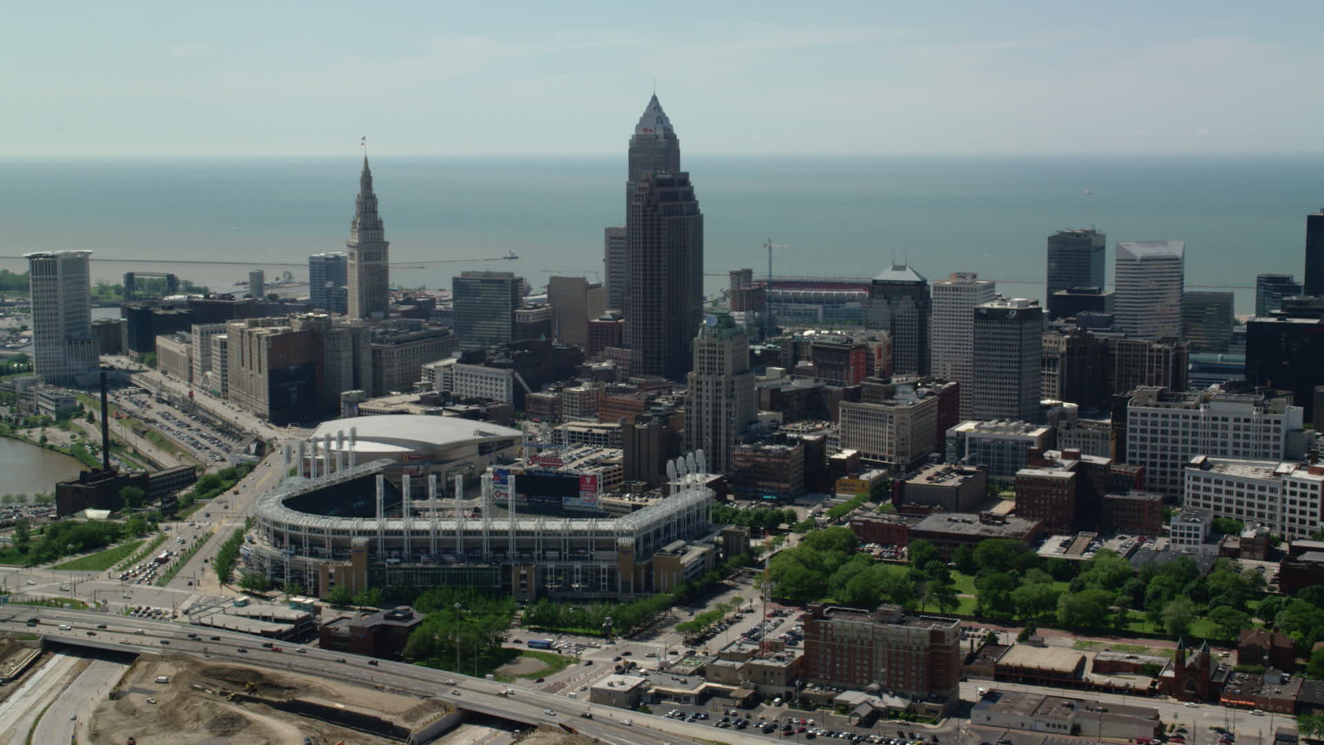 4.8K stock footage aerial video approaching Progressive Field and
