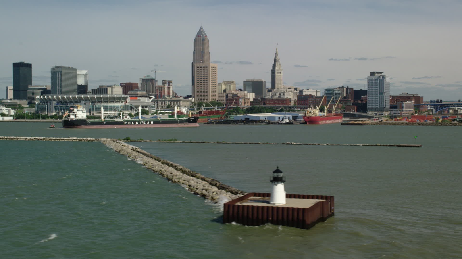 4.8K stock footage aerial video of Downtown Cleveland skyline seen from