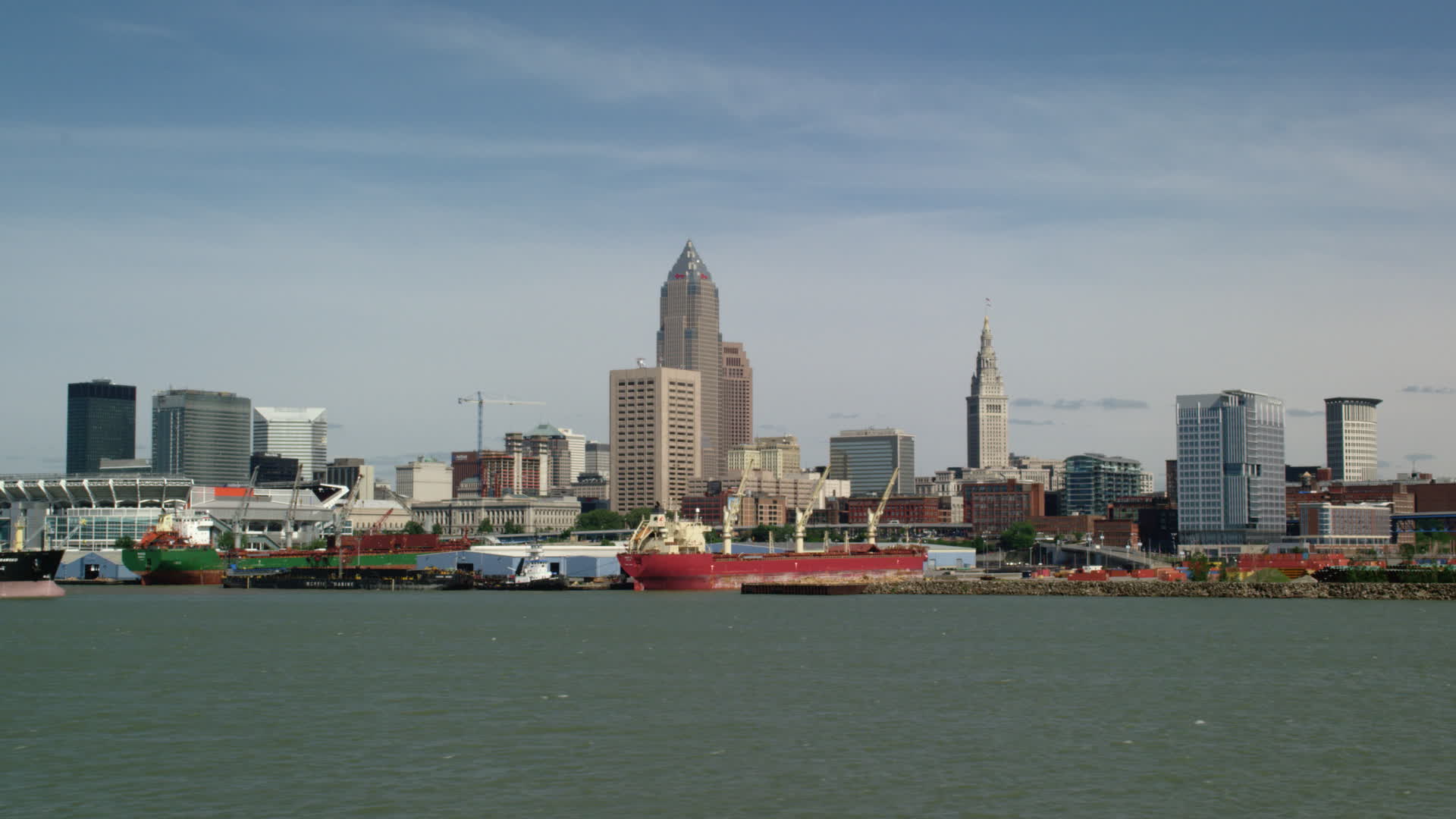 4.8K stock footage aerial video of Downtown Cleveland skyline seen from