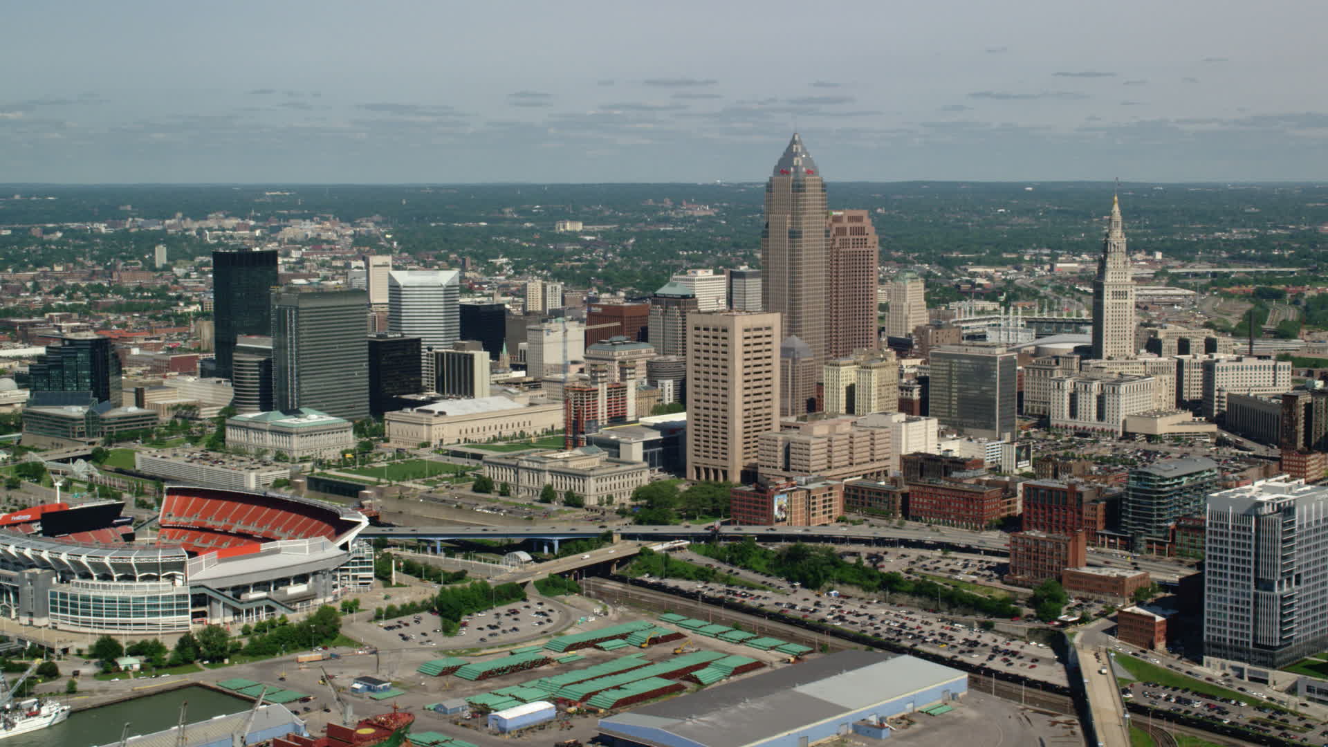 4.8K stock footage aerial video of Downtown Cleveland and FirstEnergy