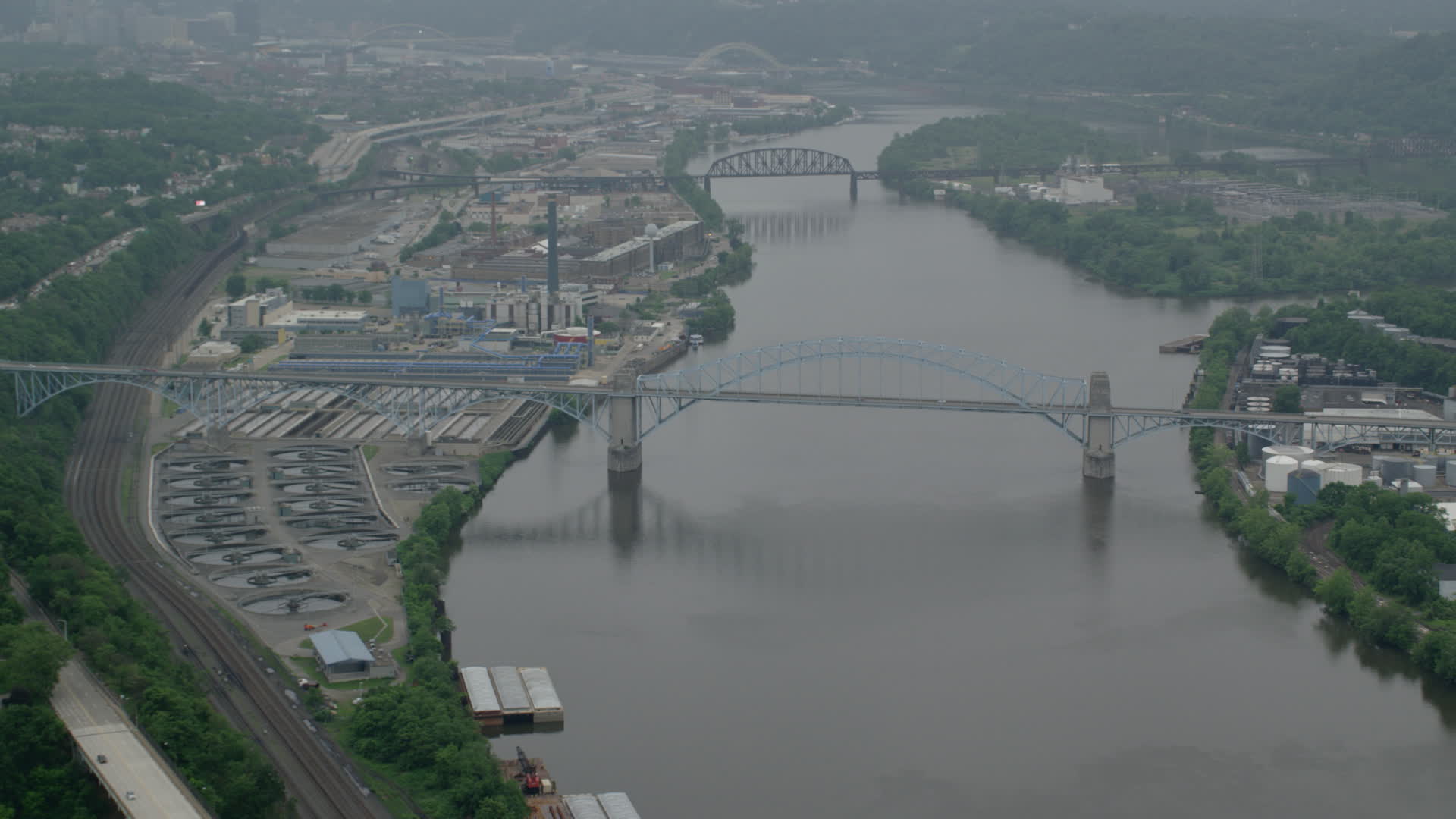 4.8K stock footage aerial video of McKees Rocks Bridge spanning Ohio River, Pittsburgh Aerial