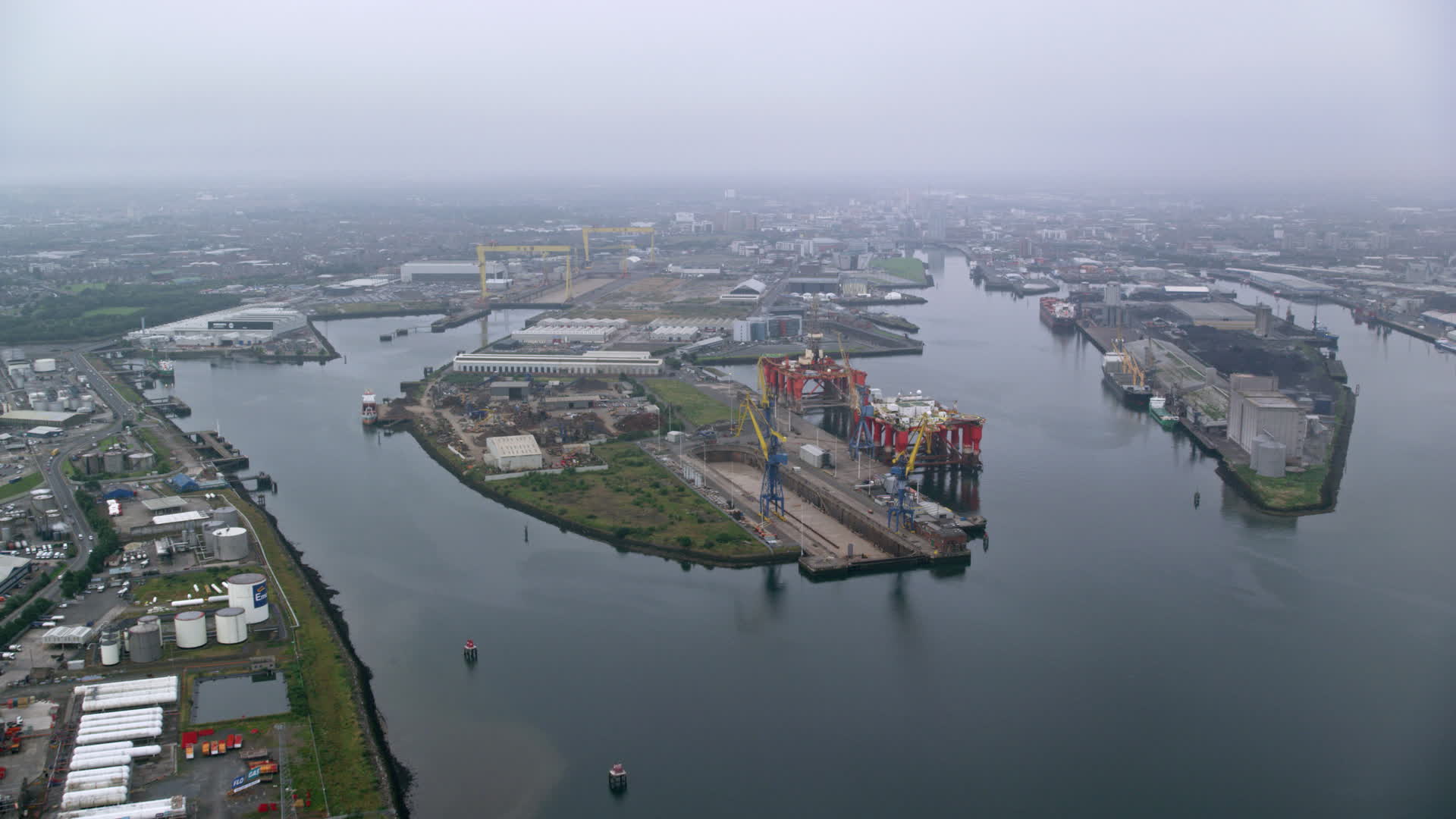 5.5K stock footage aerial video of docks at the Port of Belfast, Northern Ireland Aerial Stock