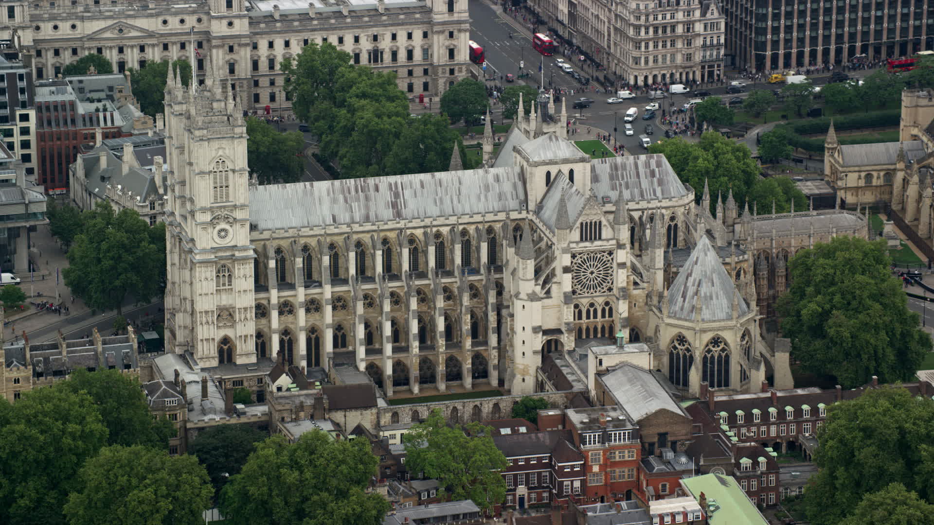 5.5K stock footage aerial video of orbiting Westminster Abbey, London