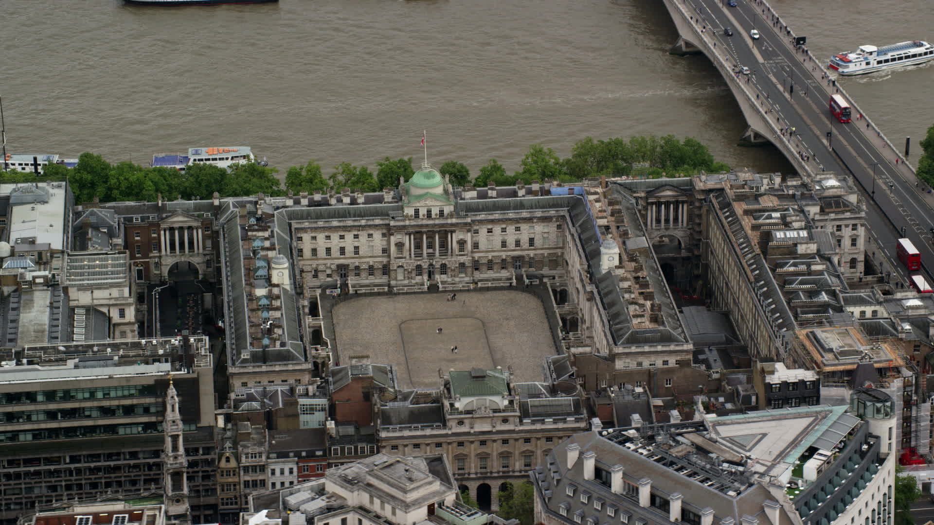 5.5K stock footage aerial video of an orbit of Somerset House along River Thames, London England