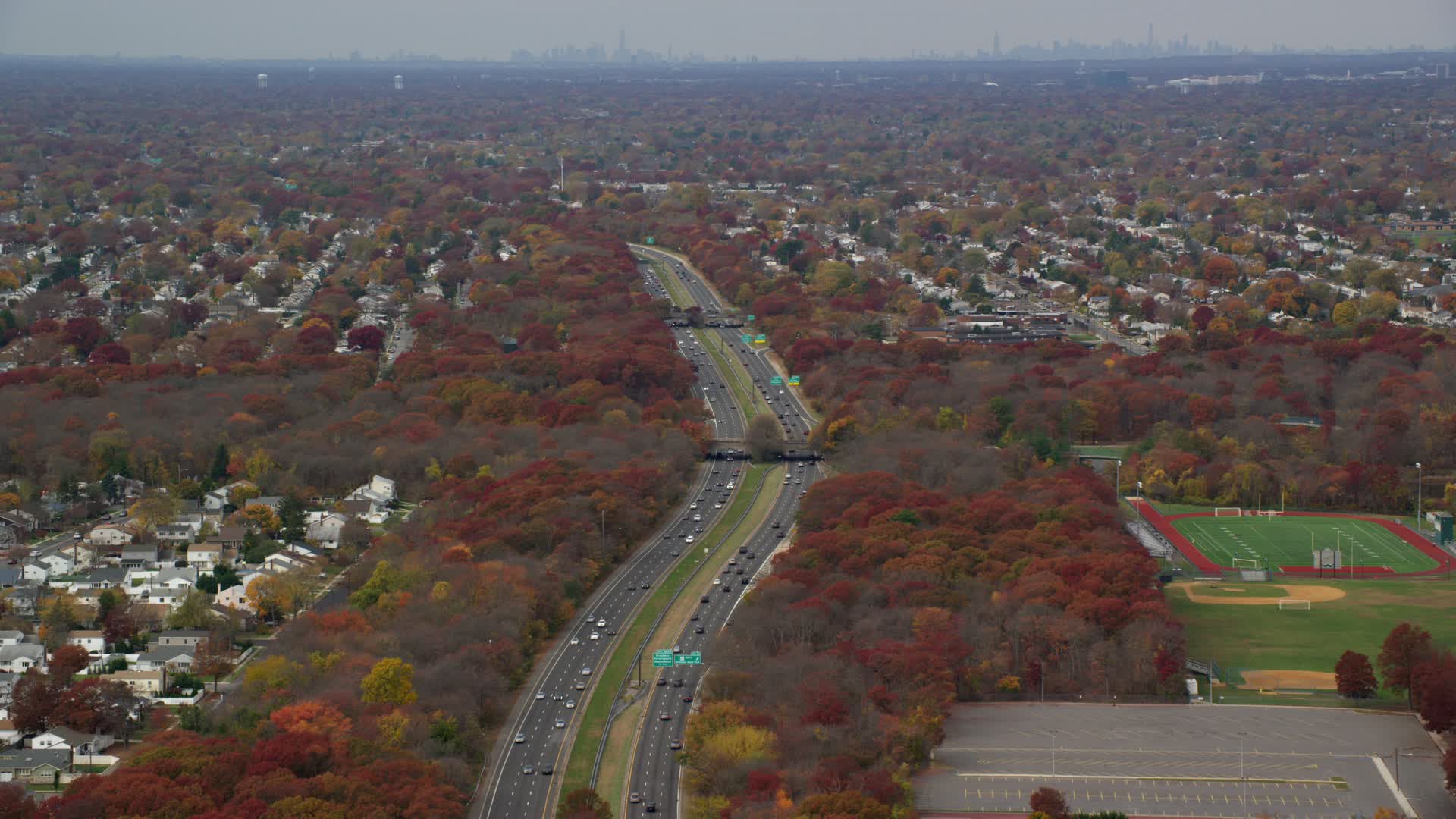 6K stock footage aerial video of traffic on Southern State Parkway in