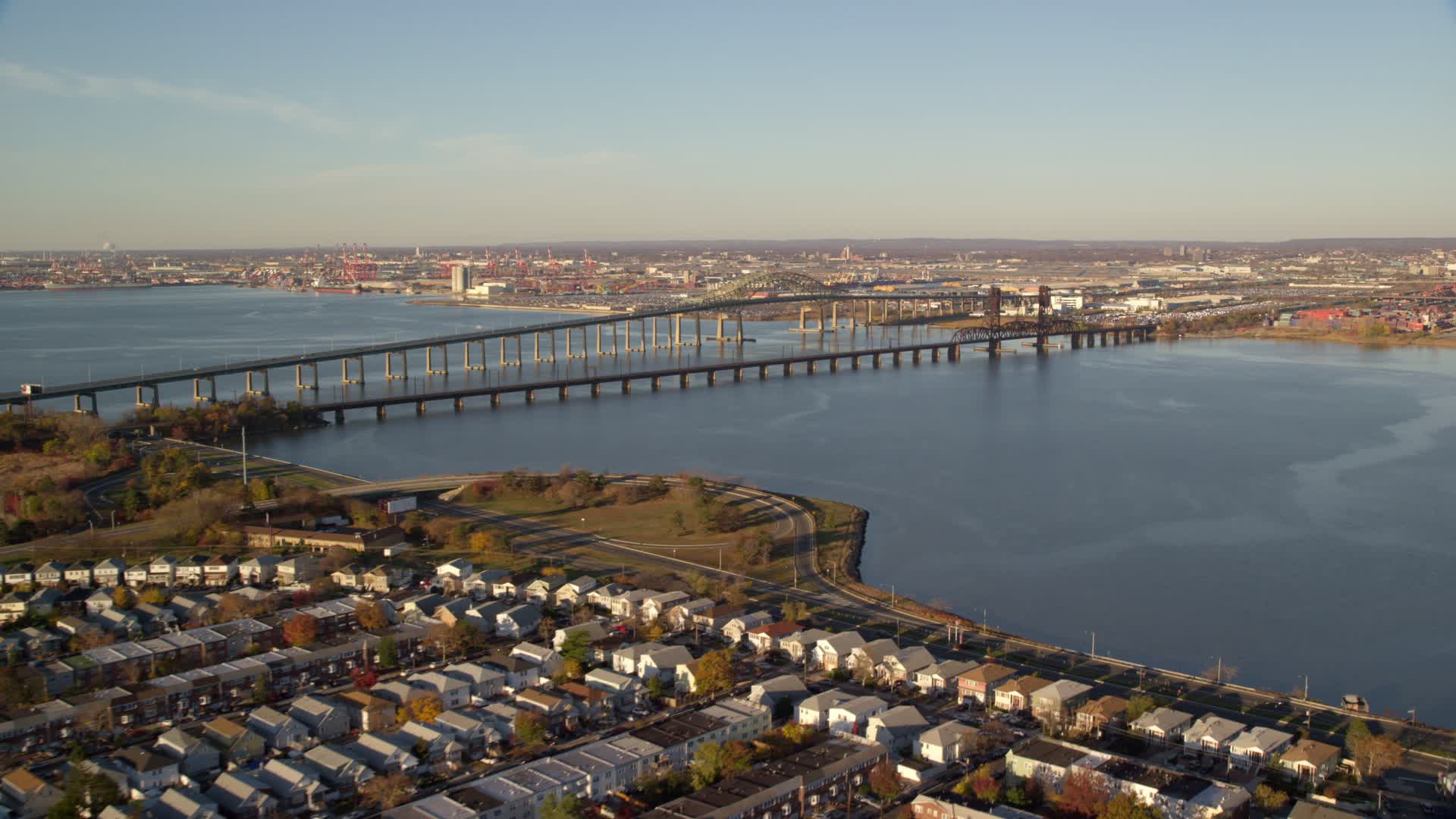6K stock footage aerial video of Newark Bay Bridge and Lehigh Valley