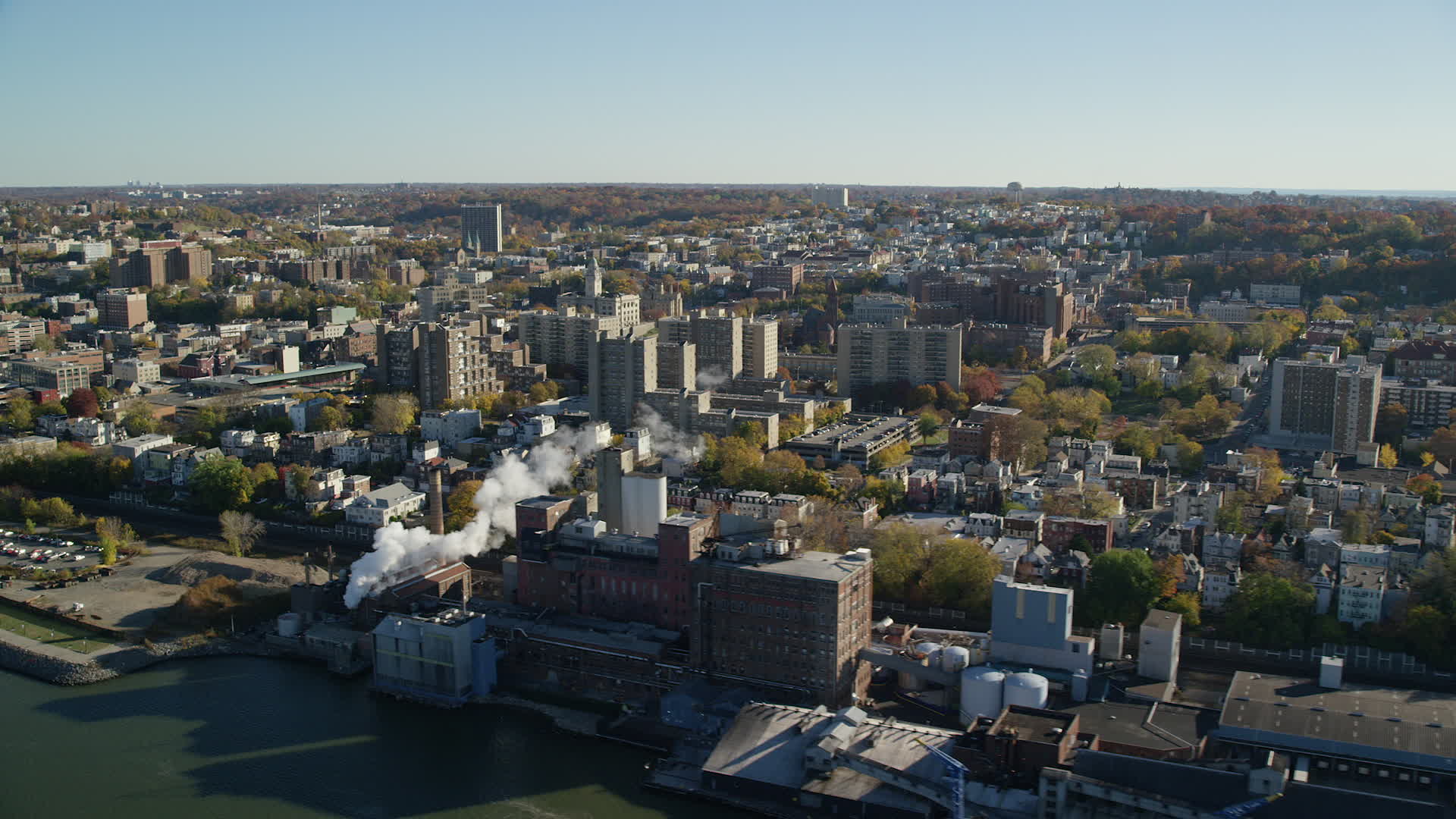 6K stock footage aerial video flyby riverfront downtown area of Yonkers