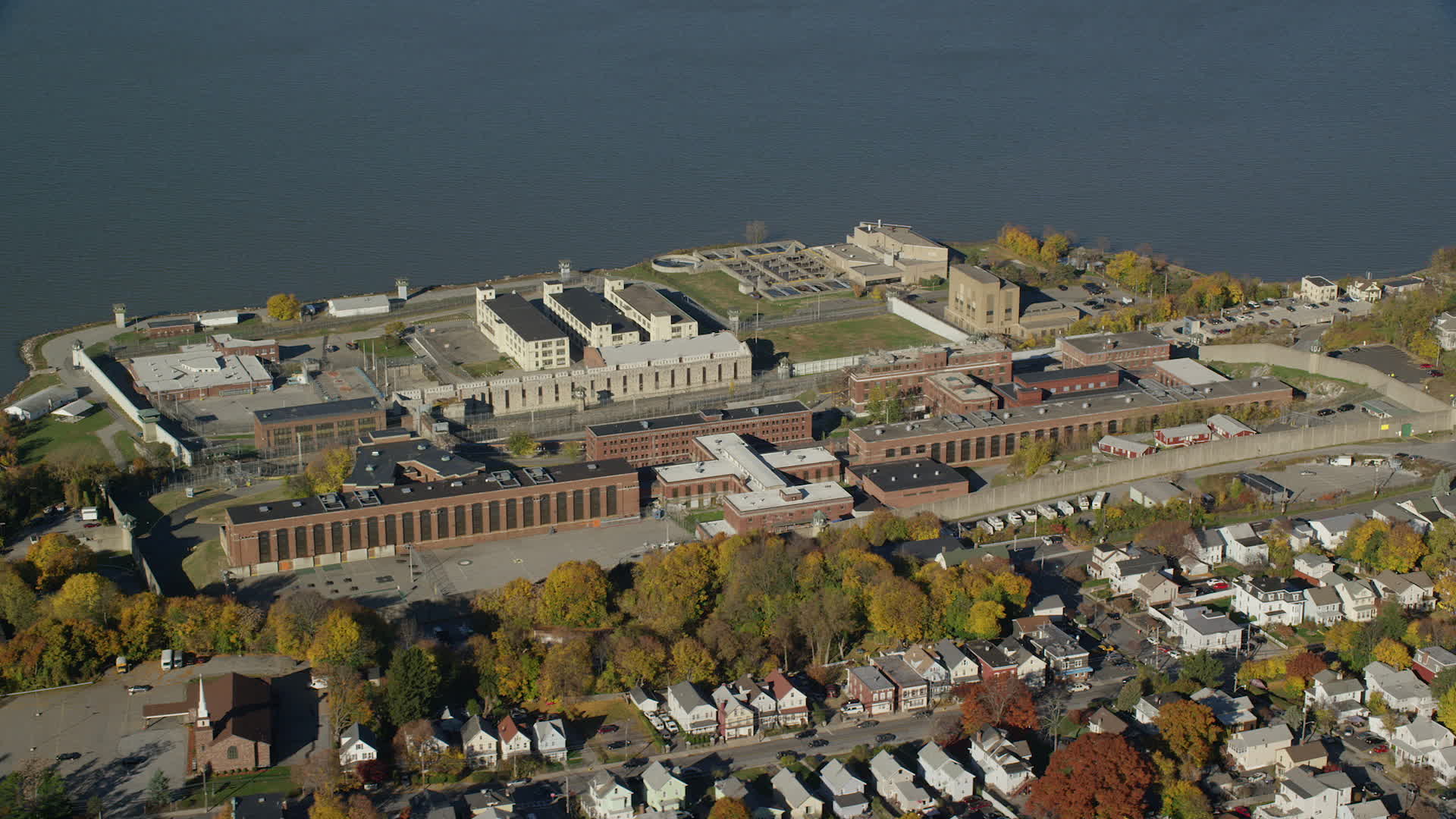 6K stock footage aerial video of orbiting Sing Sing Prison in Autumn