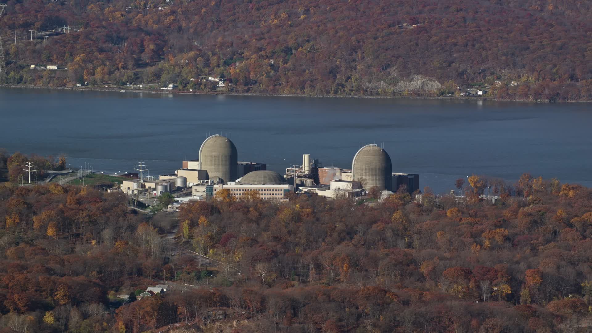 5.5K stock footage aerial video of the riverfront Indian Point Nuclear