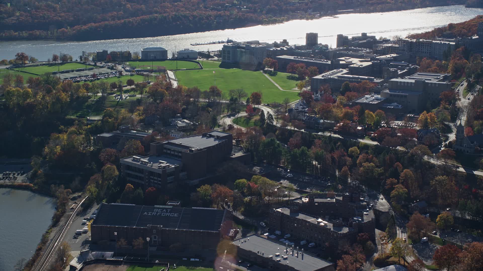 5.5K stock footage aerial video orbit the campus of West Point Military