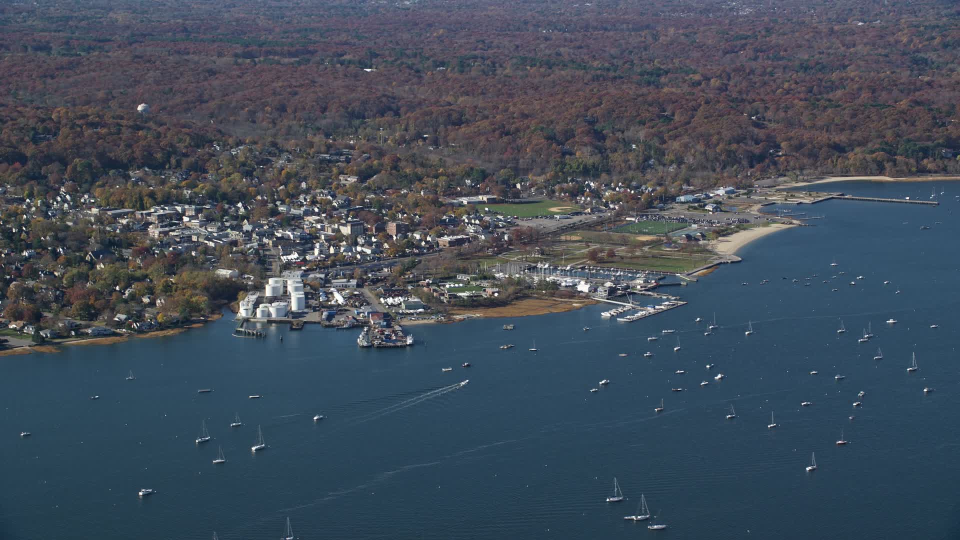 5.5K stock footage aerial video of a seaside community in Autumn