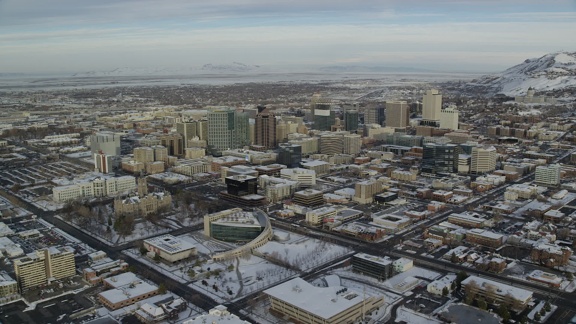 5.5K stock footage aerial video approach wintery Downtown Salt Lake
