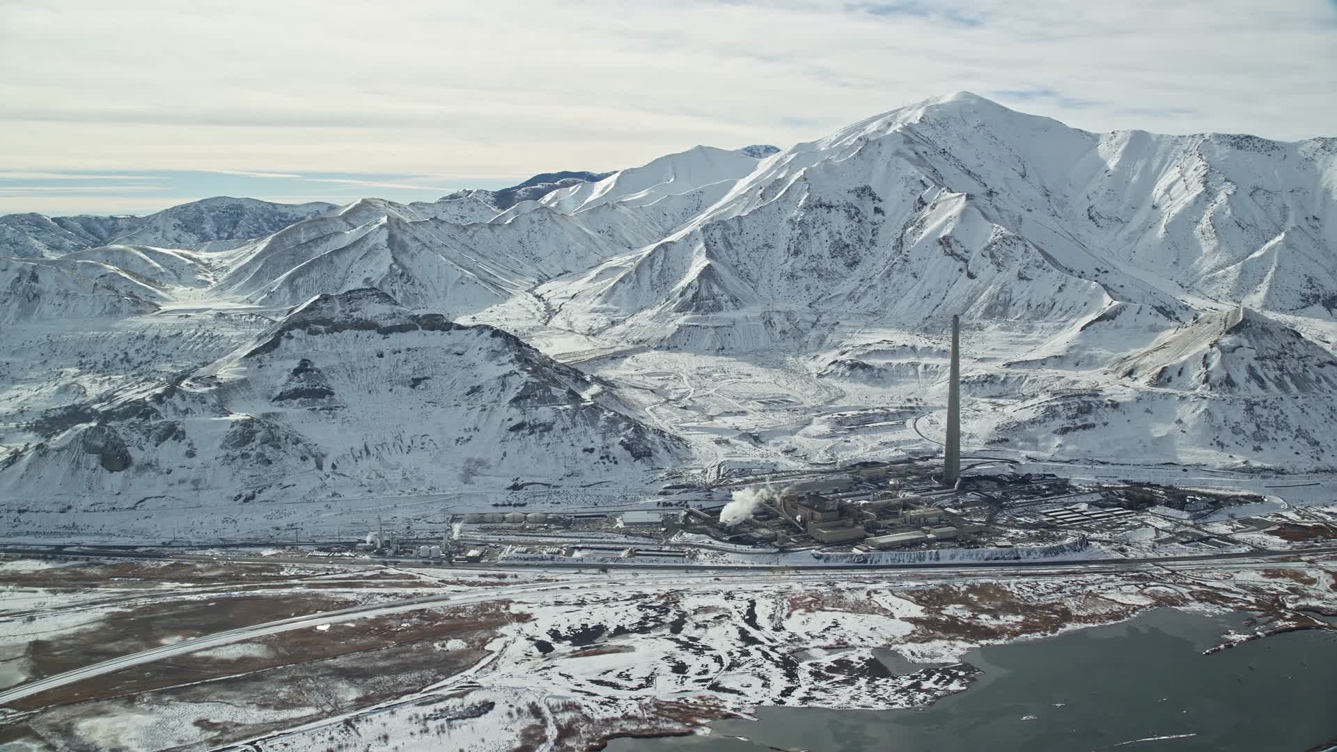 5.5K stock footage aerial video approach Kennecott Smokestack by