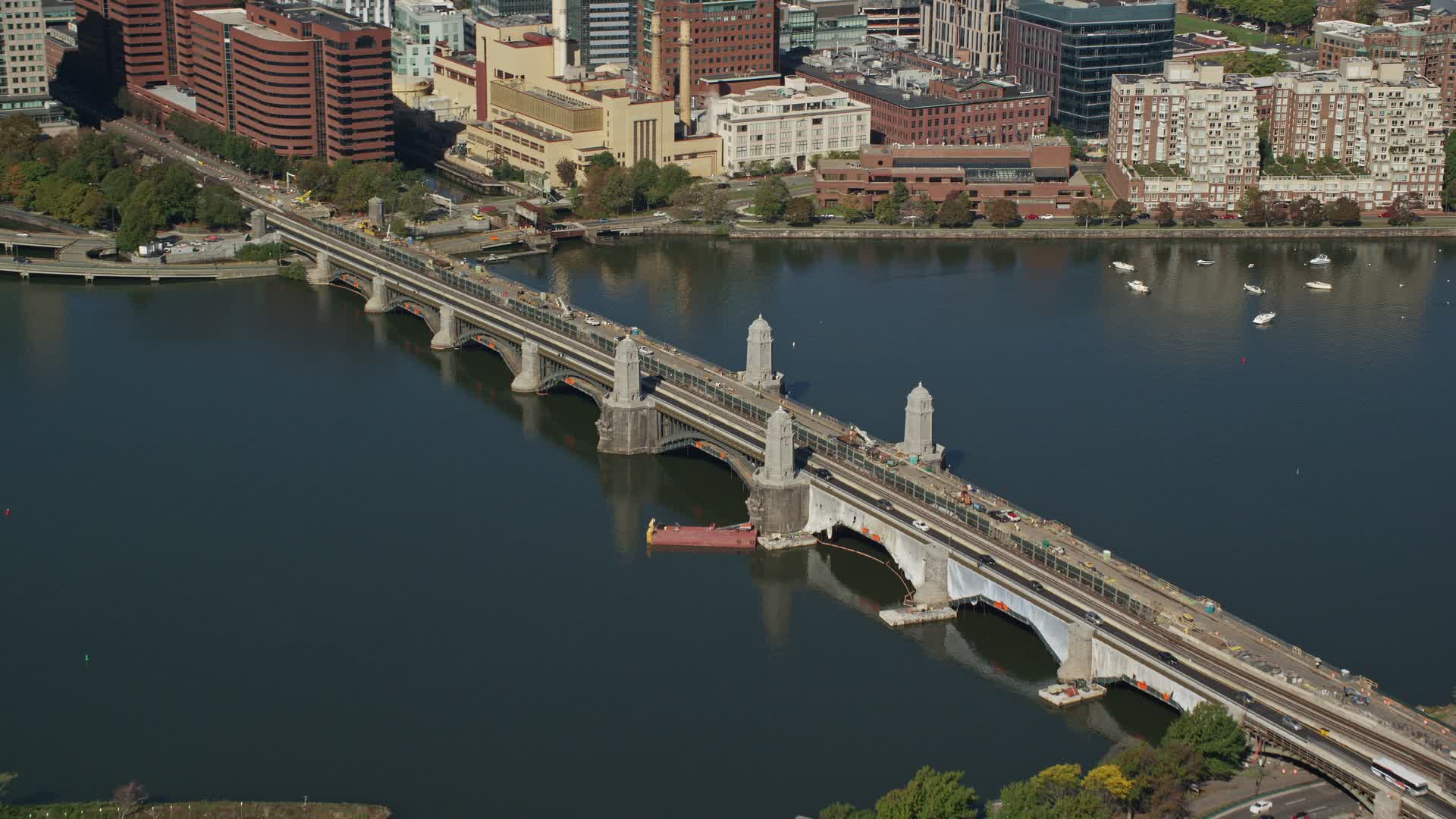 5.5K stock footage aerial video flying by the Longfellow Bridge spanning the Charles River