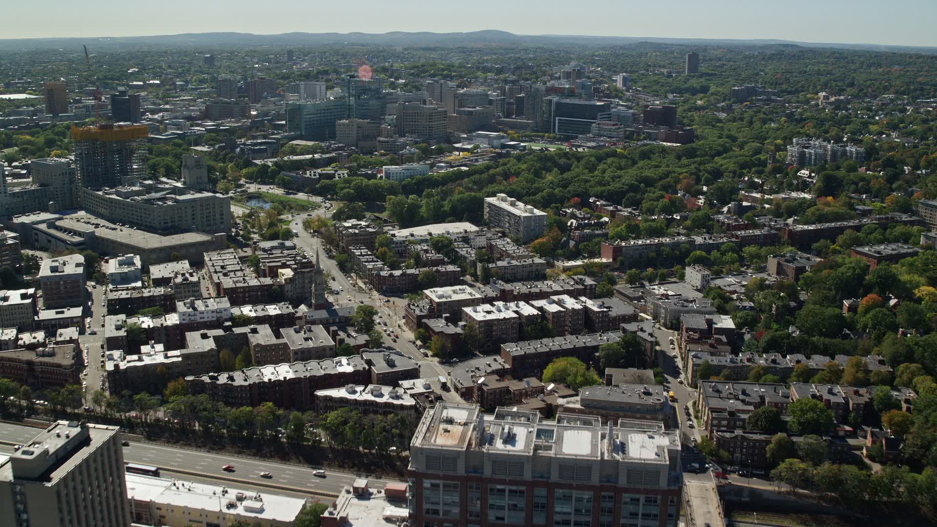 5.5K stock footage aerial video approaching, flying over Longwood Medical Area, Boston