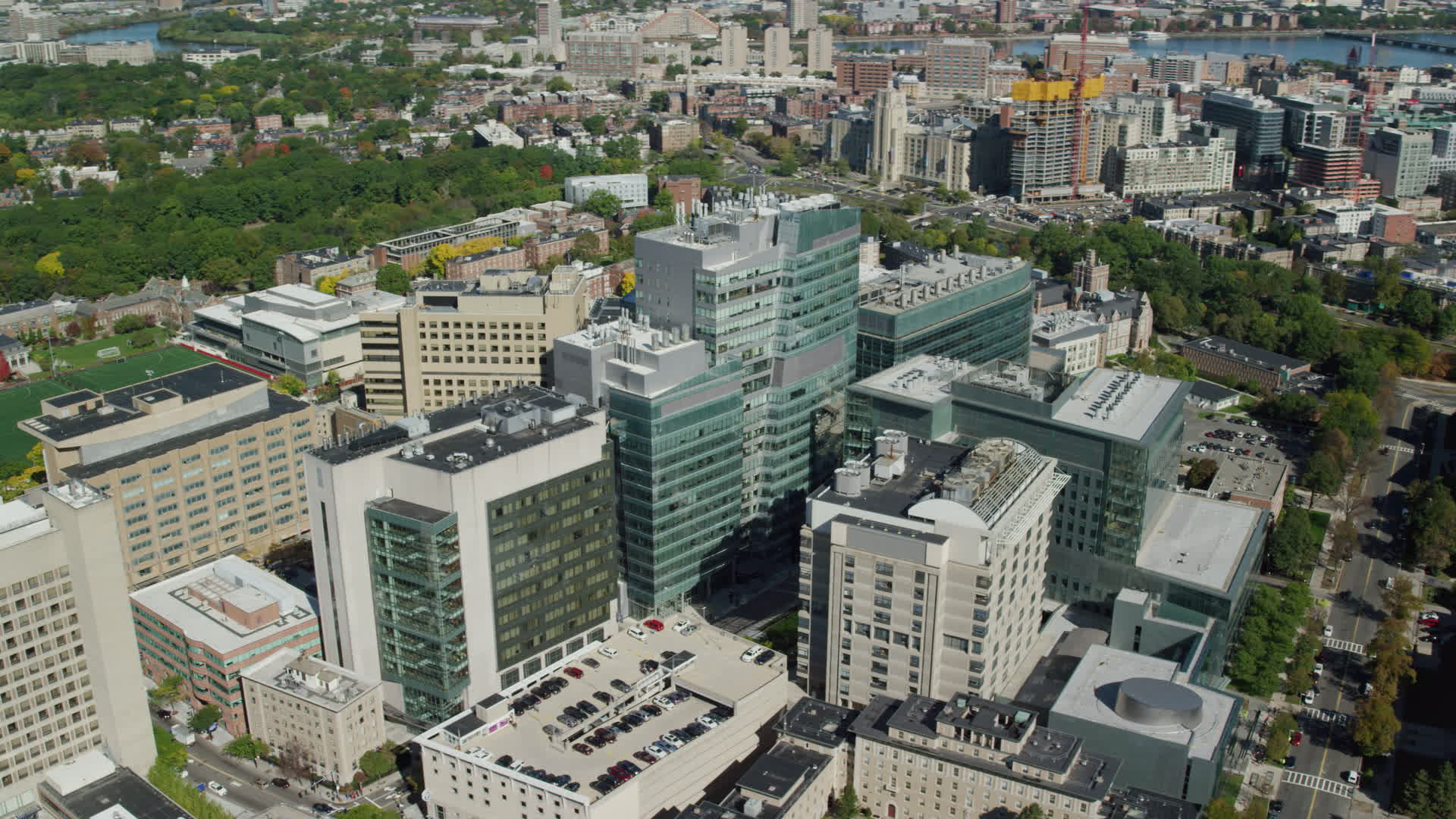 5.5K stock footage aerial video orbiting the Longwood Medical Area