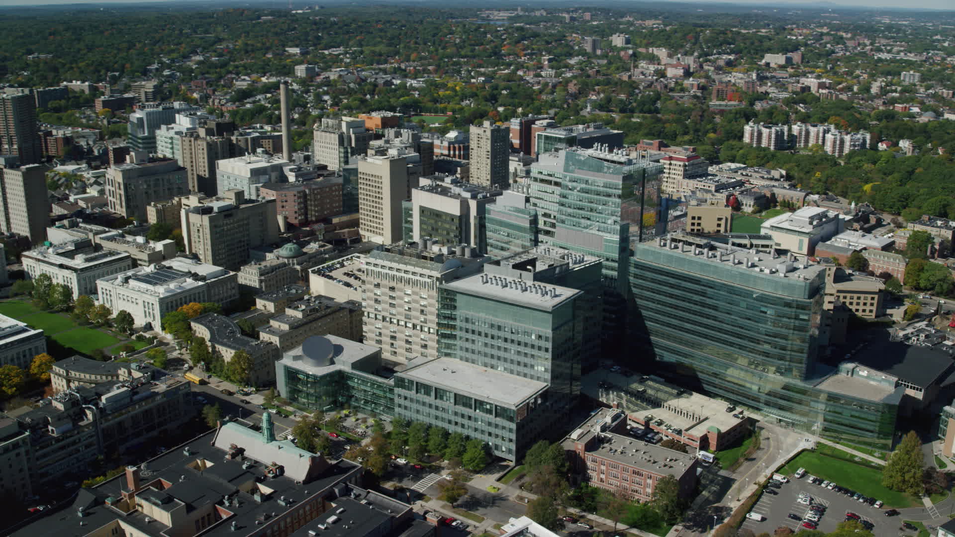5.5K stock footage aerial video orbiting Longwood Medical Area, Boston