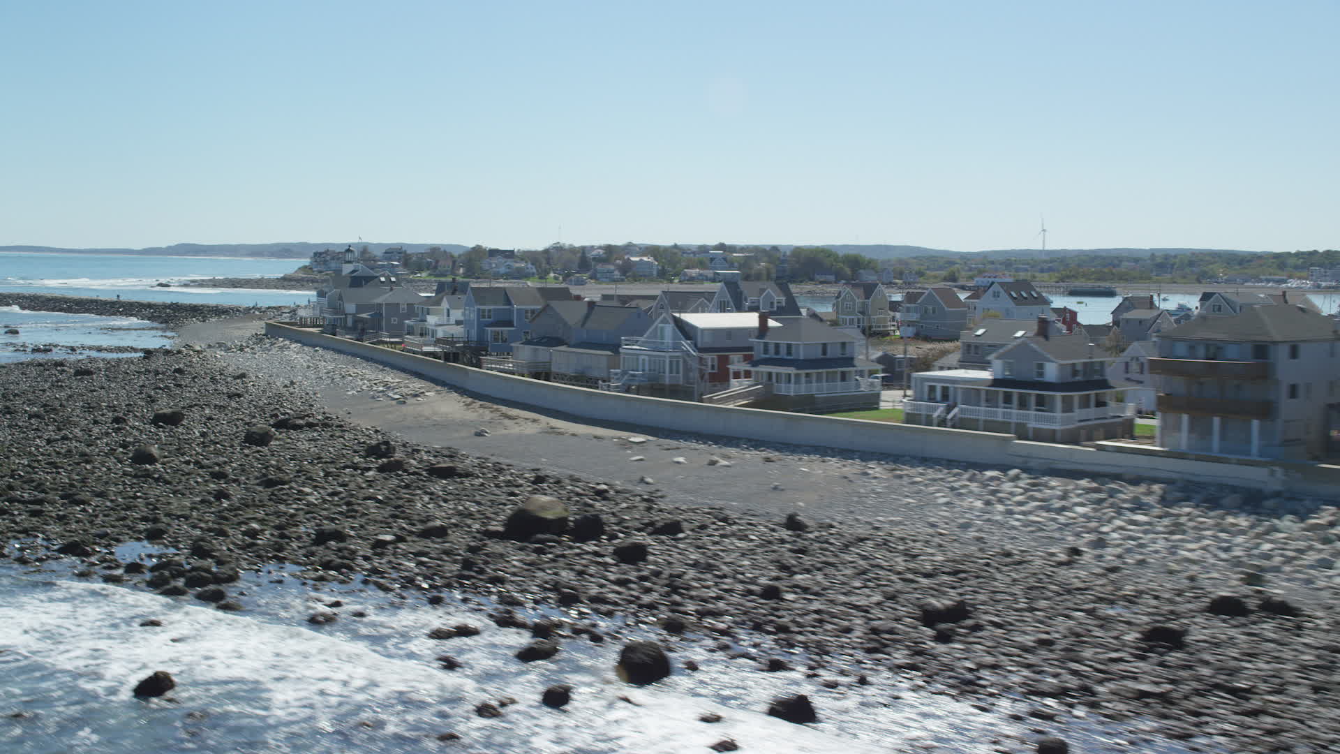 5.5K stock footage aerial video flying by beach, oceanfront homes, Old