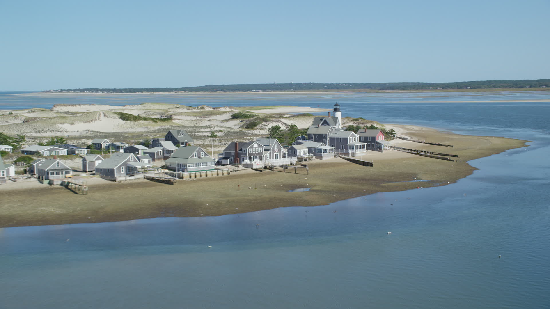 5.5K stock footage aerial video of Sandy Neck Colony, Sandy Neck Light