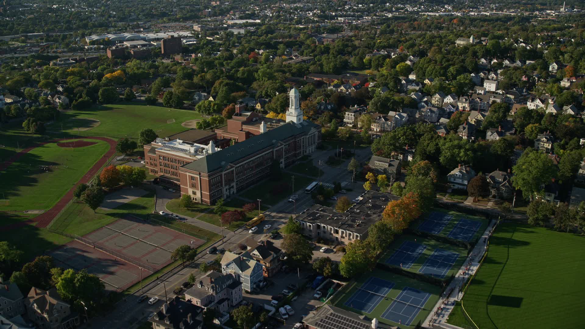 6k stock footage aerial video approaching Hope High School and tilt down, Providence, Rhode