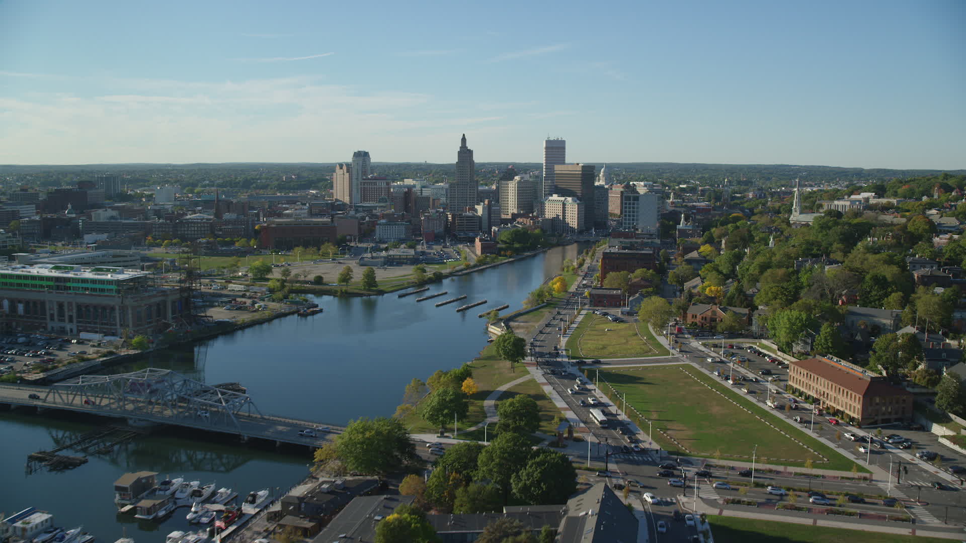 6k stock footage aerial video flying by Providence River, approach