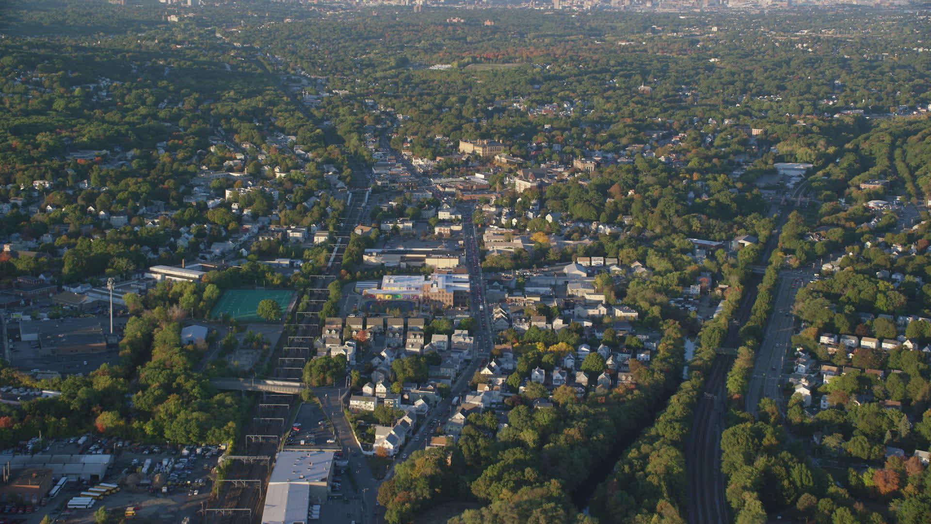 6k stock footage aerial video flying over Hyde Park Avenue, autumn