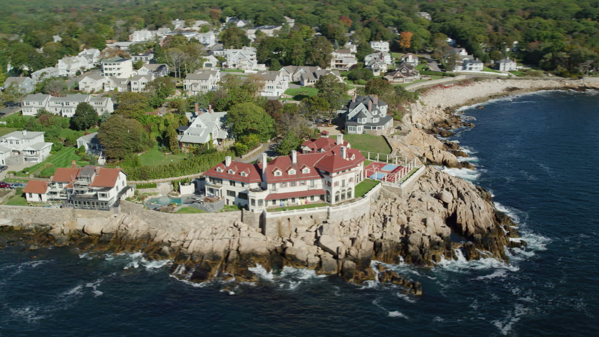 6k stock footage aerial video flying by oceanfront homes, mansion