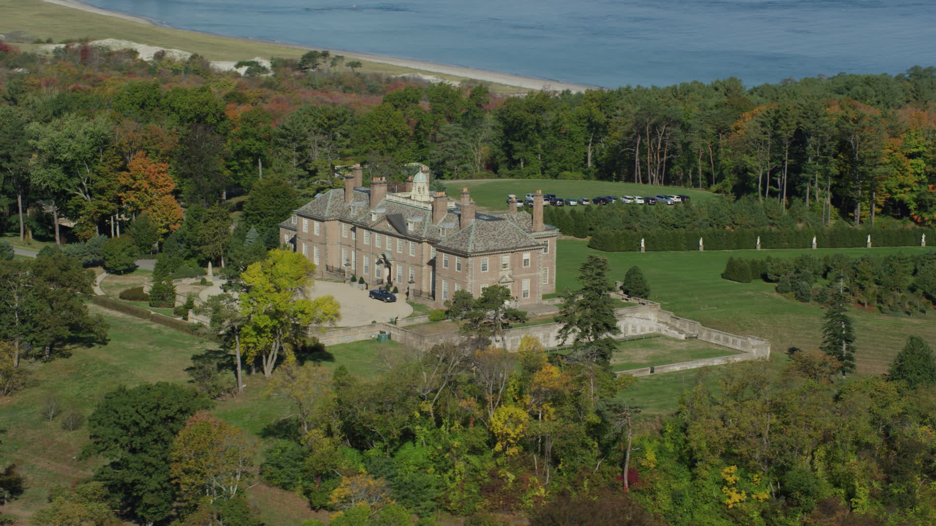6k stock footage aerial video of The Great House at Crane Estate and