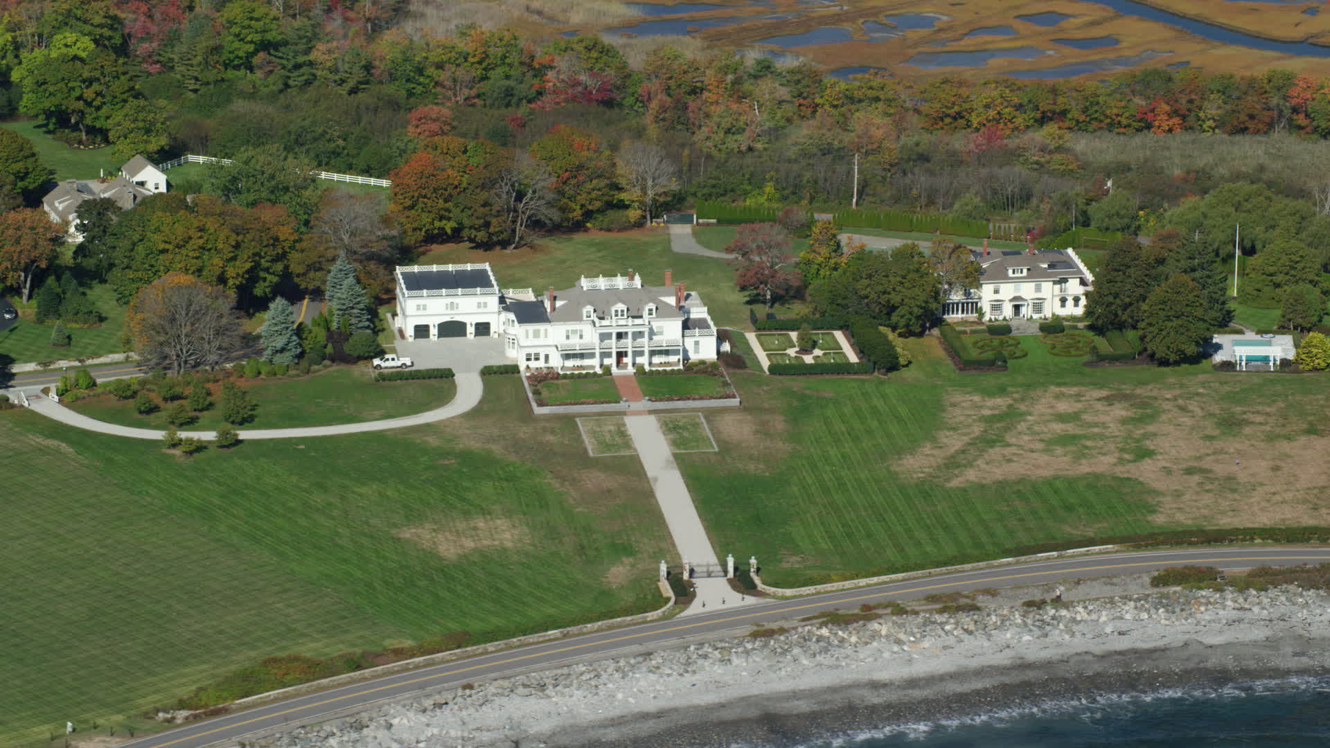 6k stock footage aerial video oceanfront mansion in autumn, North