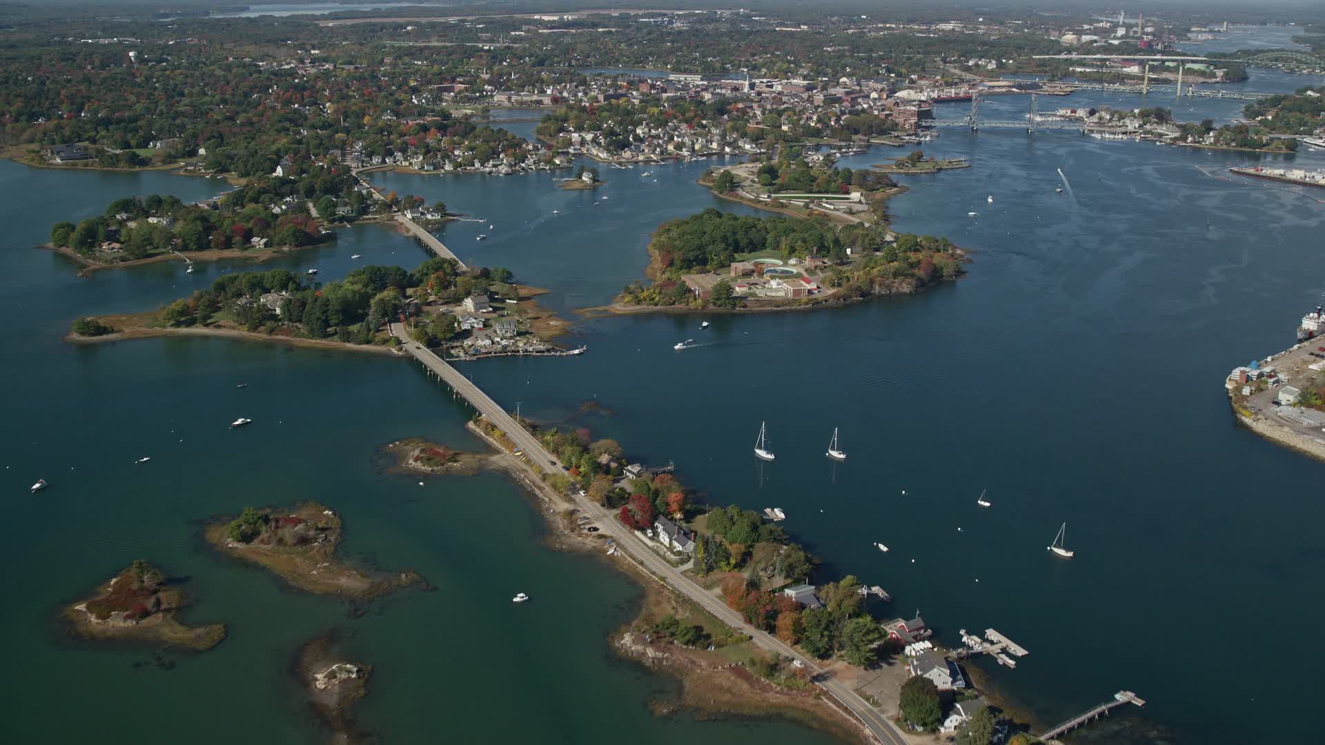 6k stock footage aerial video approaching Pierce Island, coastal town, Portsmouth, New Hampshire