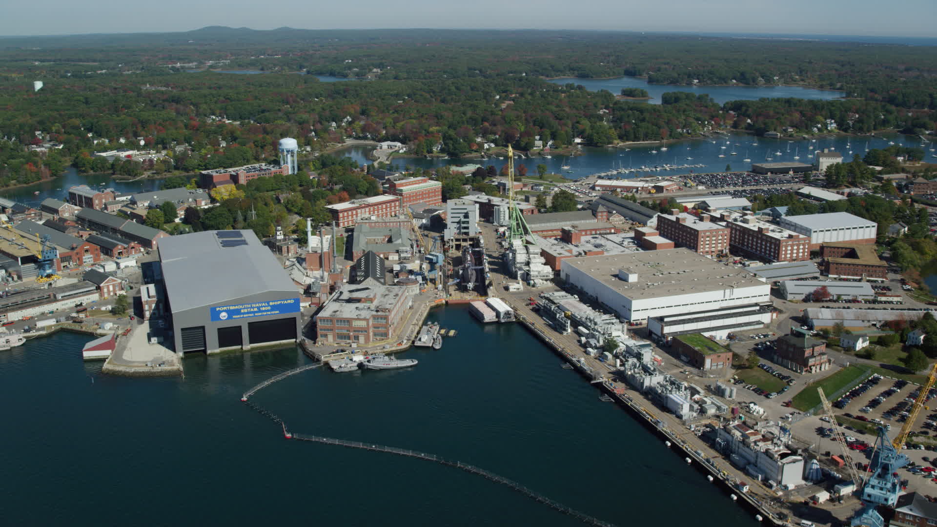 6k stock footage aerial video approaching Portsmouth Naval Shipyard