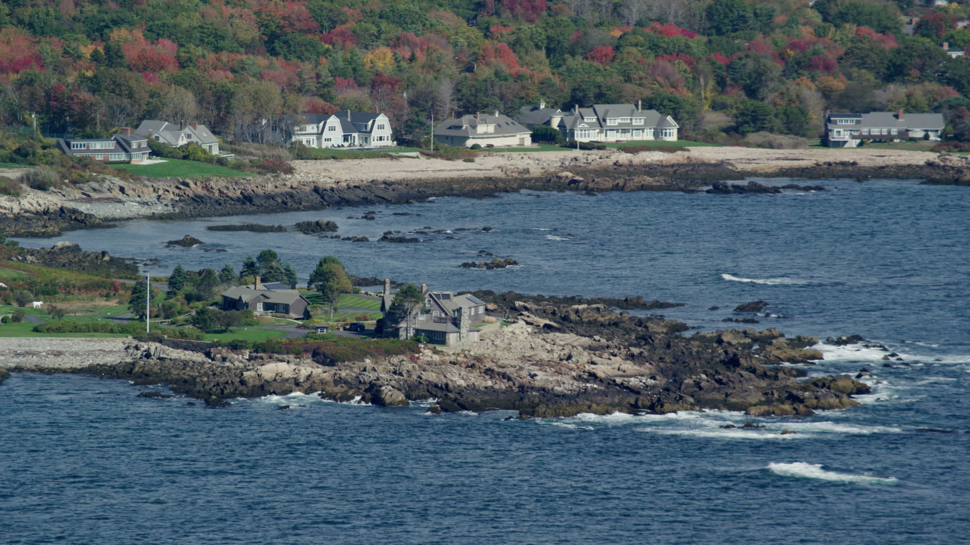 6k stock footage aerial video flying by the Bush Compound, rocky coastline, autumn